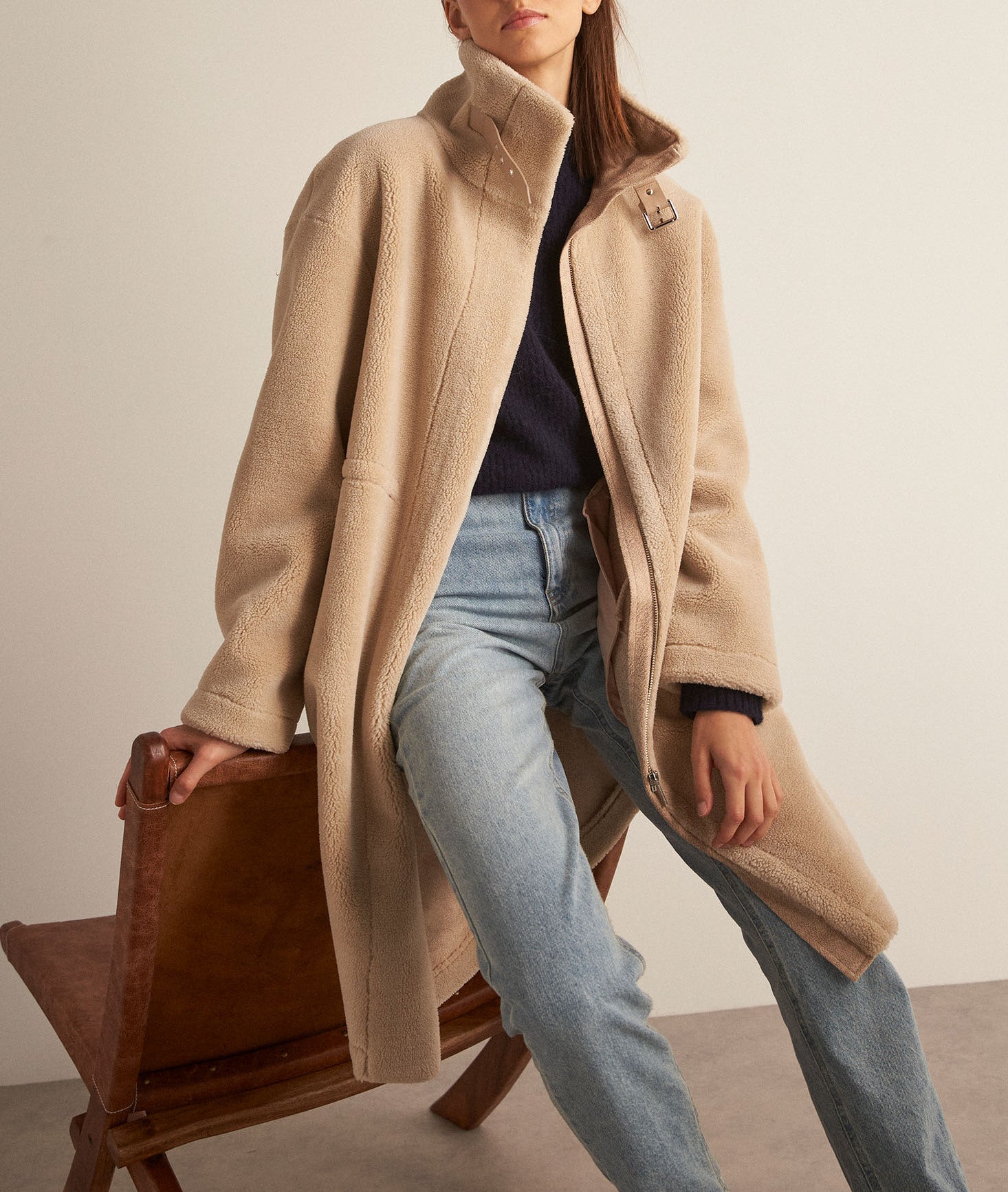 Manteau long effet peau retournée beige Marie Faume - seconde main