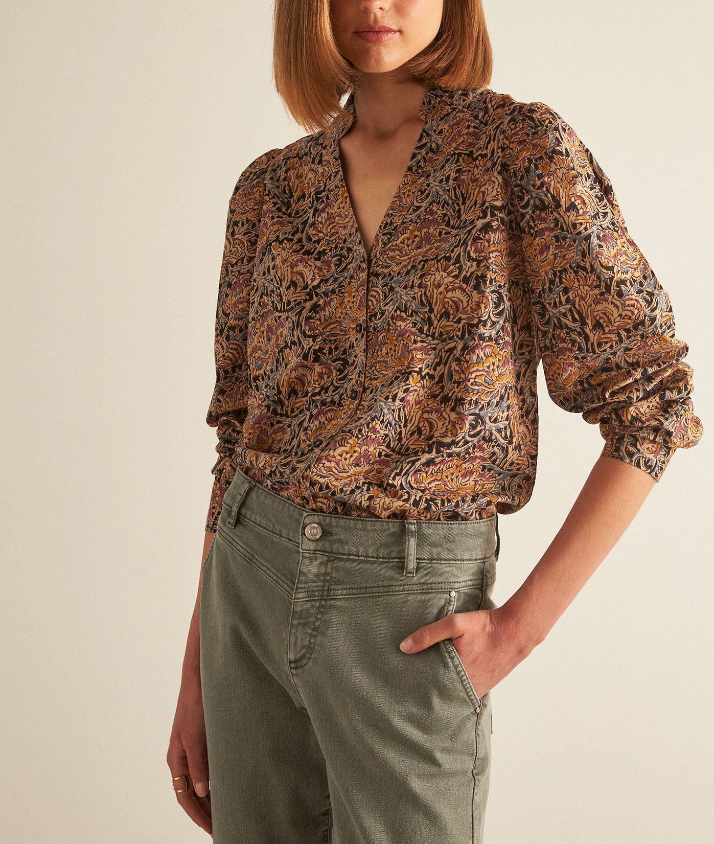 Chemisier fleuri en coton ocre CAROLINE Faume - seconde main