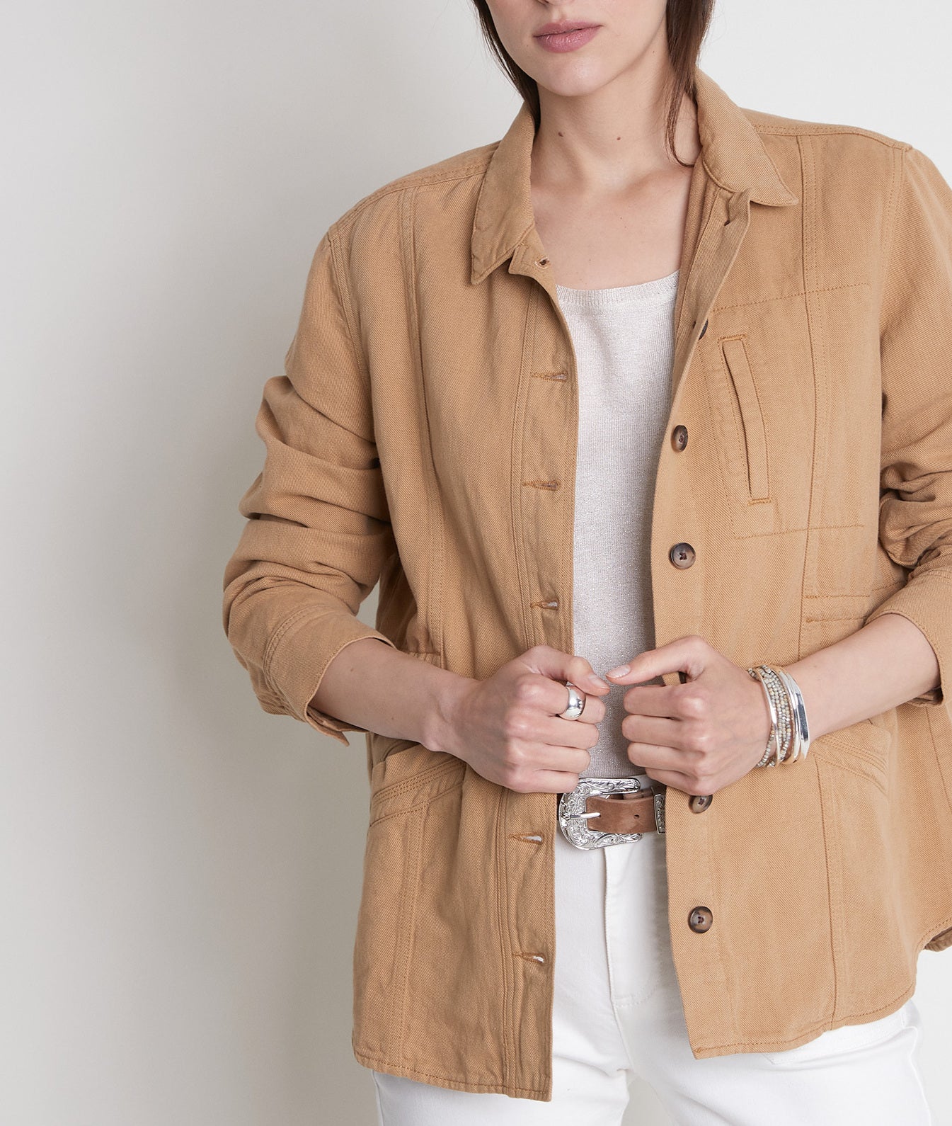 Veste de travail en lin et coton camel Paolita Faume - seconde main