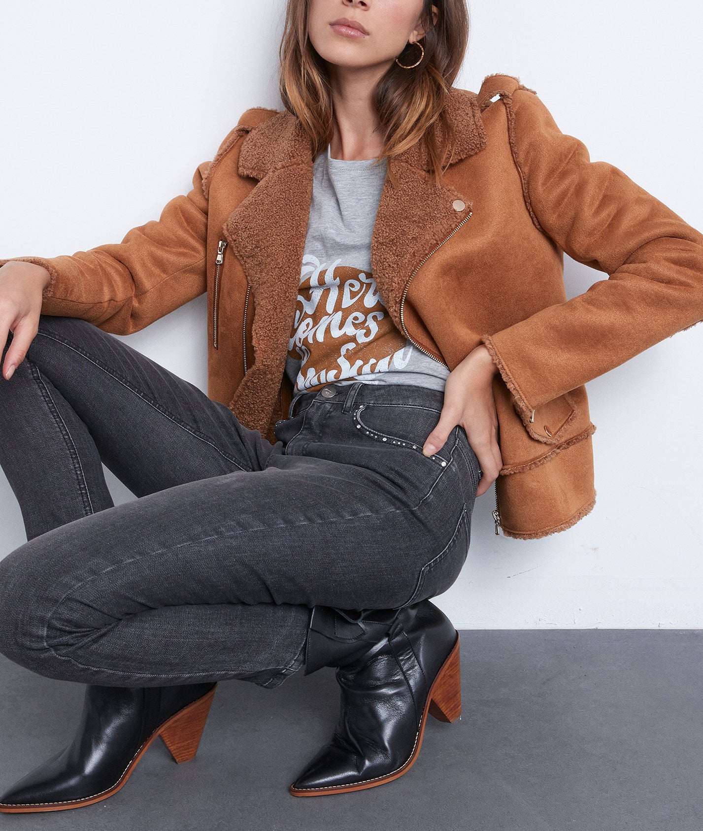 Blouson en fausse peau lainée camel Tommy Faume - seconde main