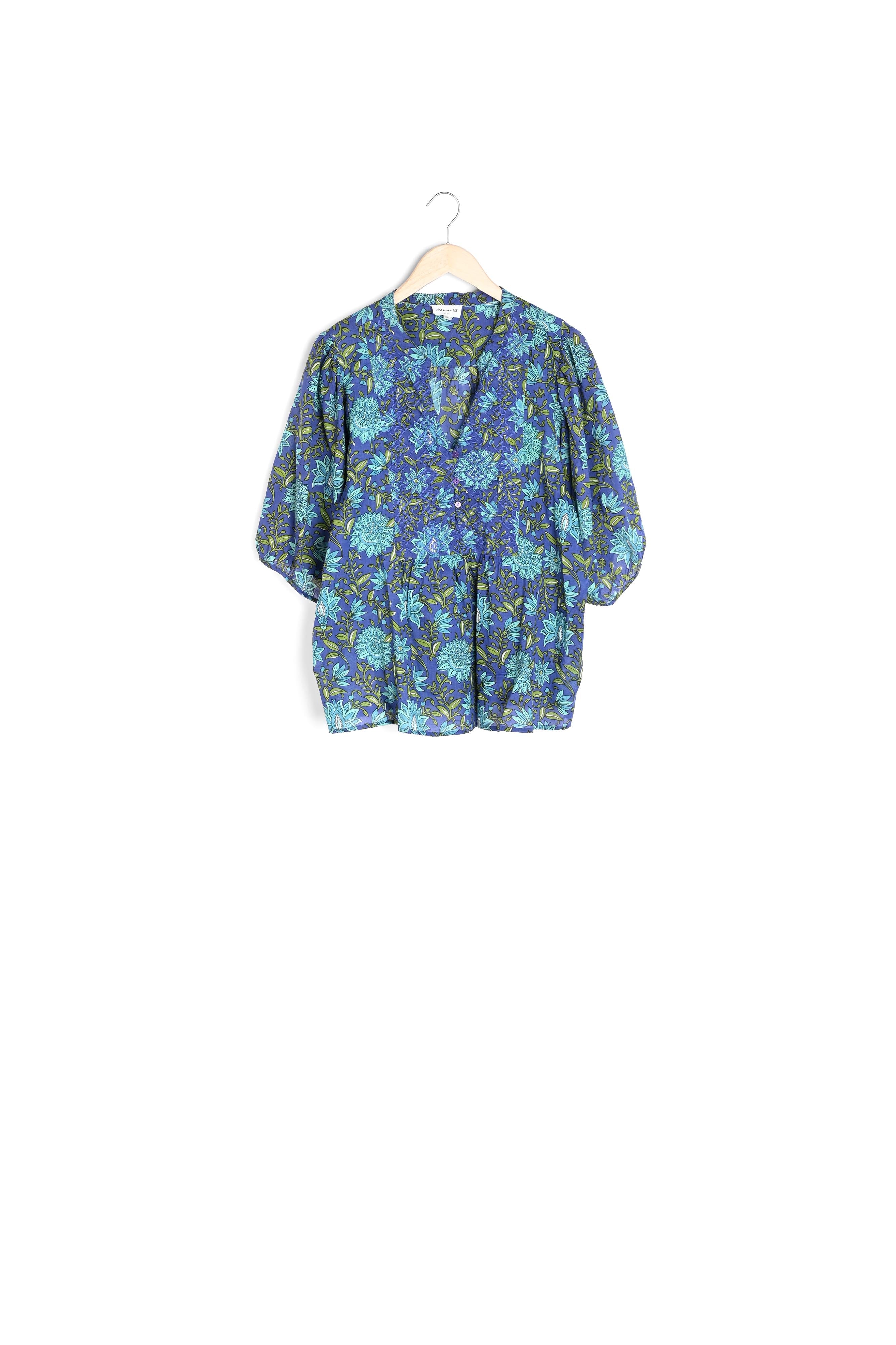 Blouse à manches ballons en coton imprimé bleu Christina Faume - seconde main