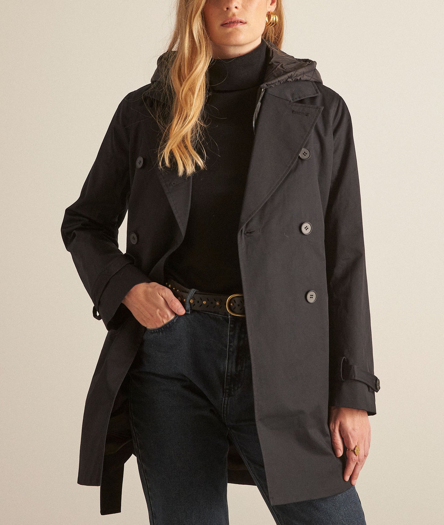 Trench court à capuche noir Mady Faume - seconde main