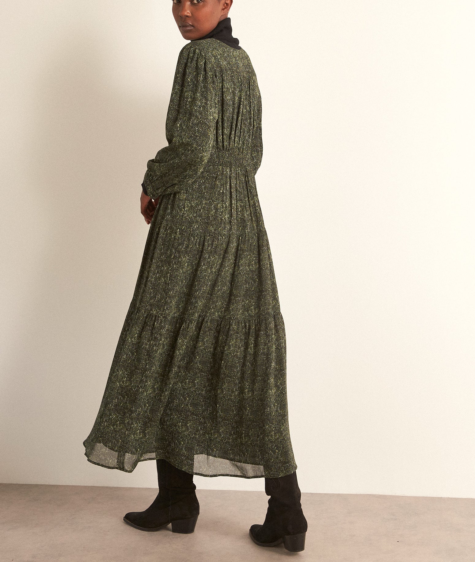 Robe longue imprimée kaki Souad Faume - seconde main