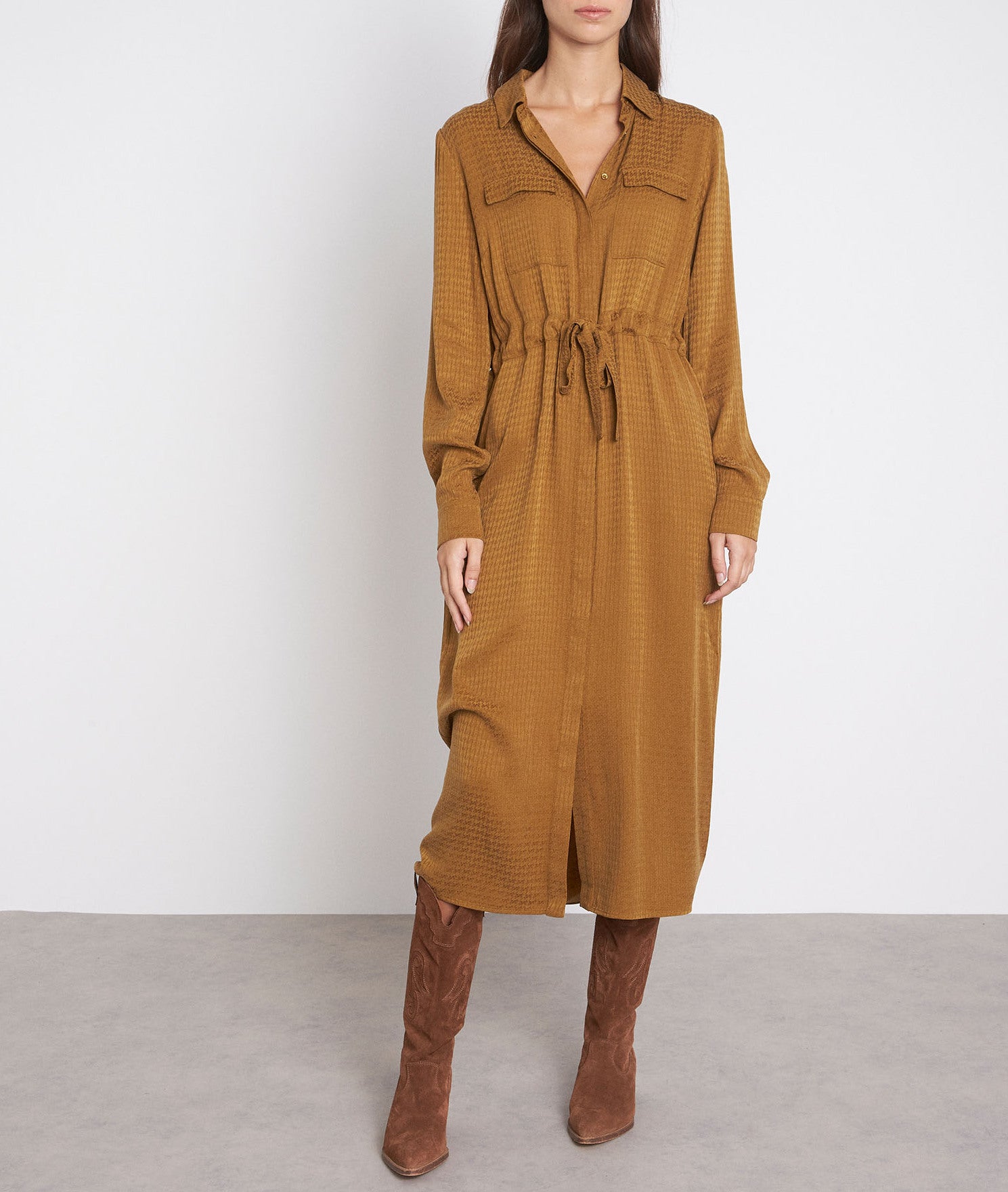 Robe chemise midi en jacquard bronze Sylvie Faume - seconde main