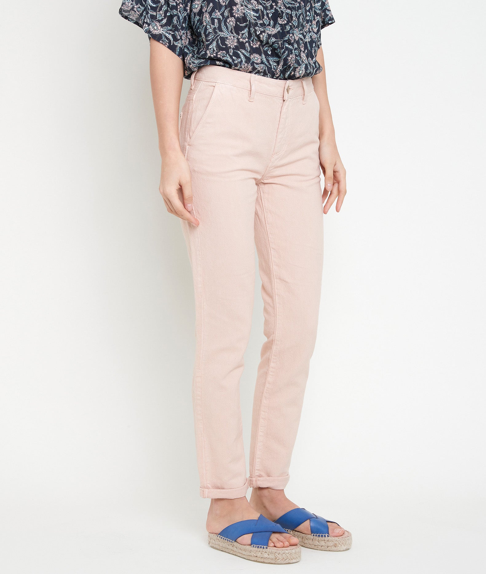 Pantalon droit en coton et lin rose poudré Farel Faume - seconde main