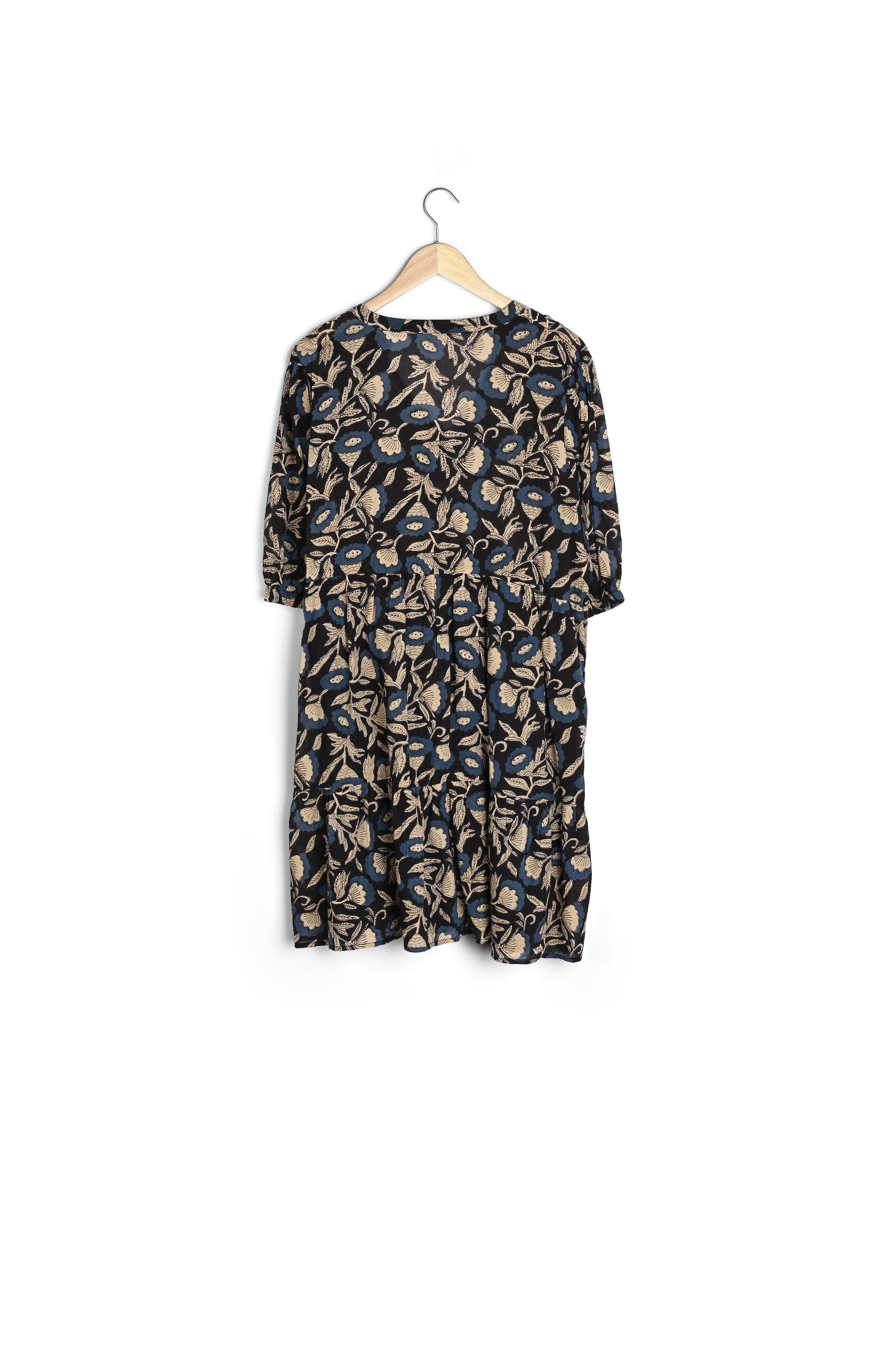 Robe courte en coton imprimé beige, bleu et noir Madeleine Faume - seconde main