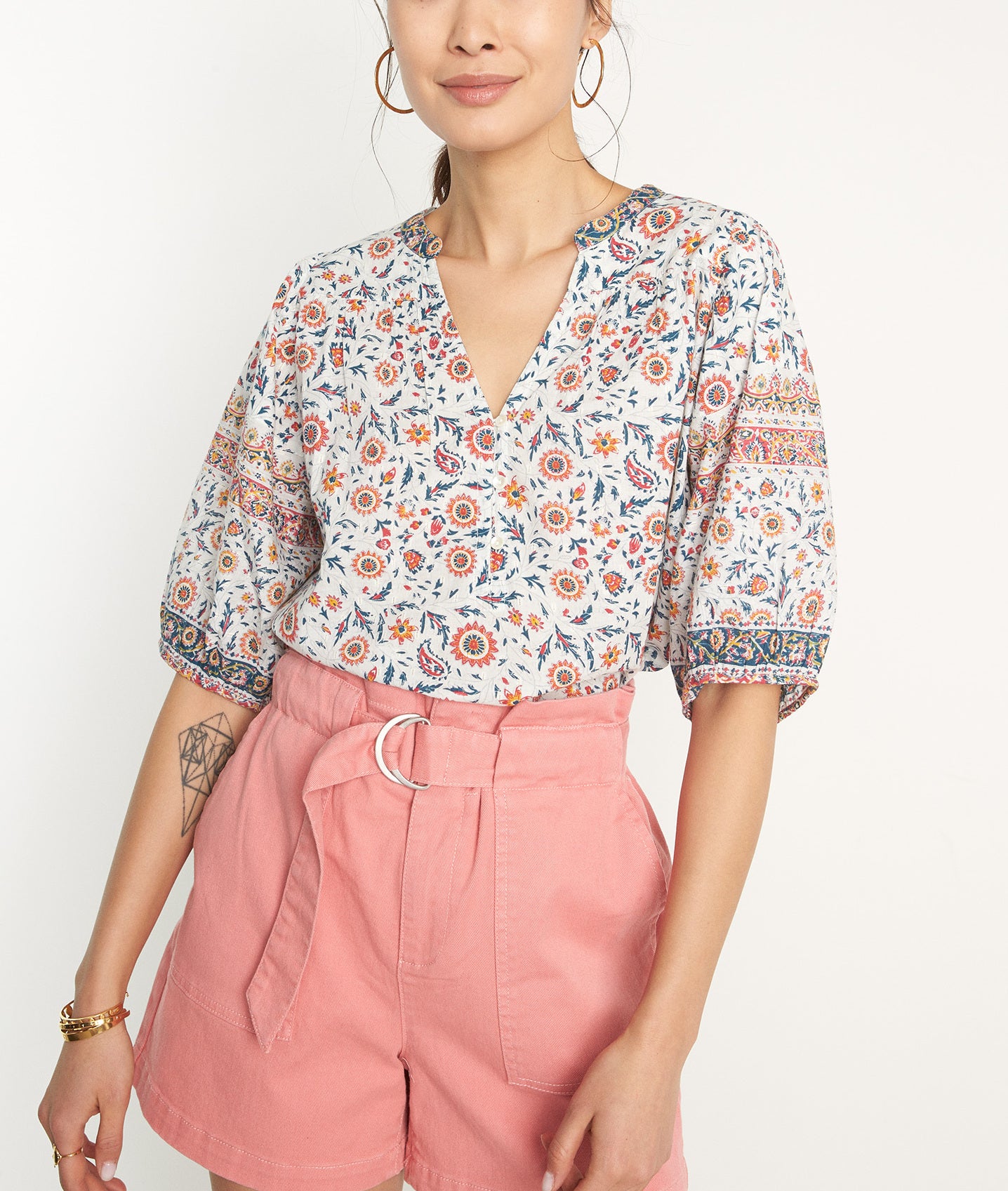 Blouse à manches ballons en coton imprimé rose et blanc Connie Faume - seconde main