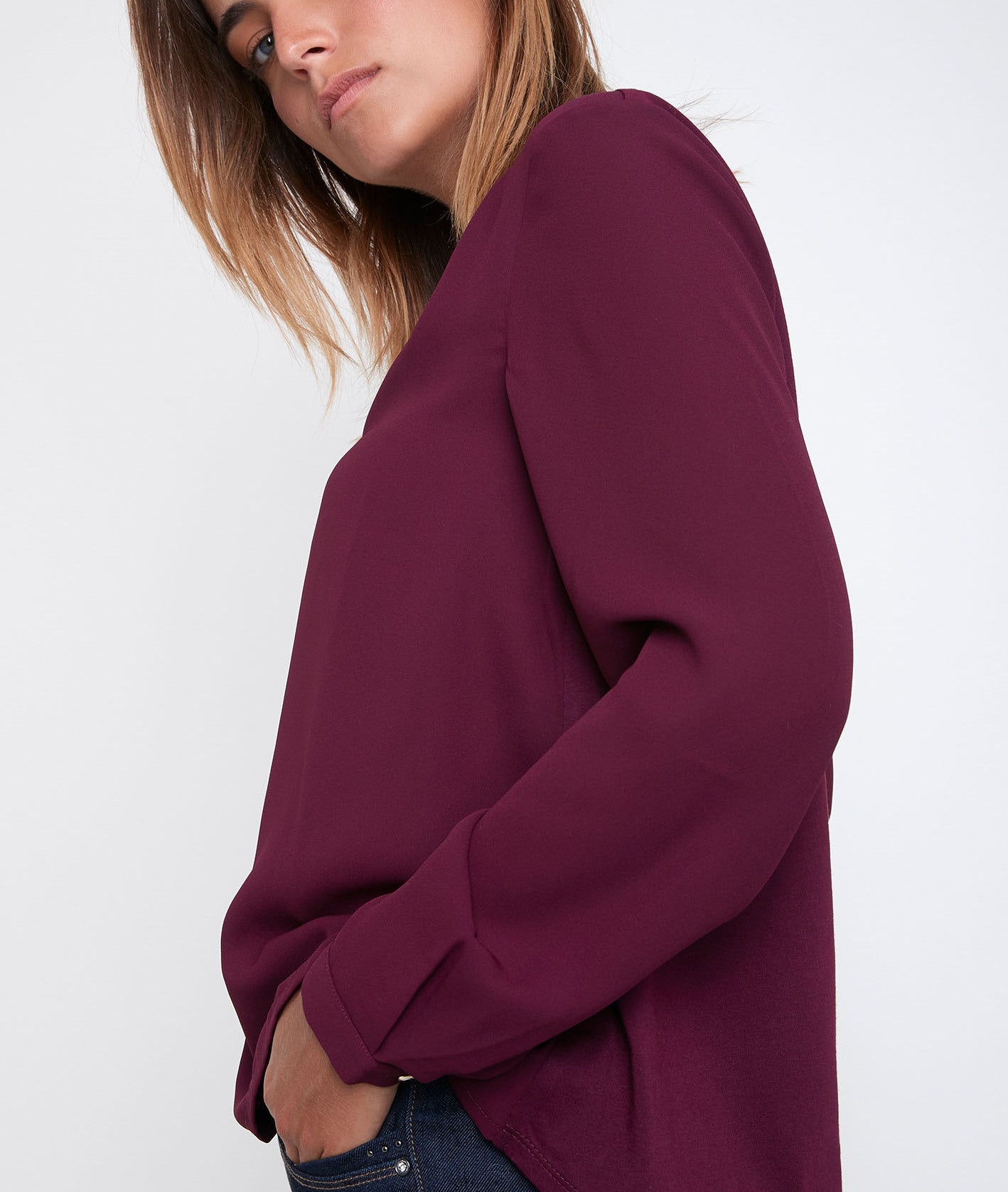 Blouse bimatière col V grenat Davina Faume - seconde main