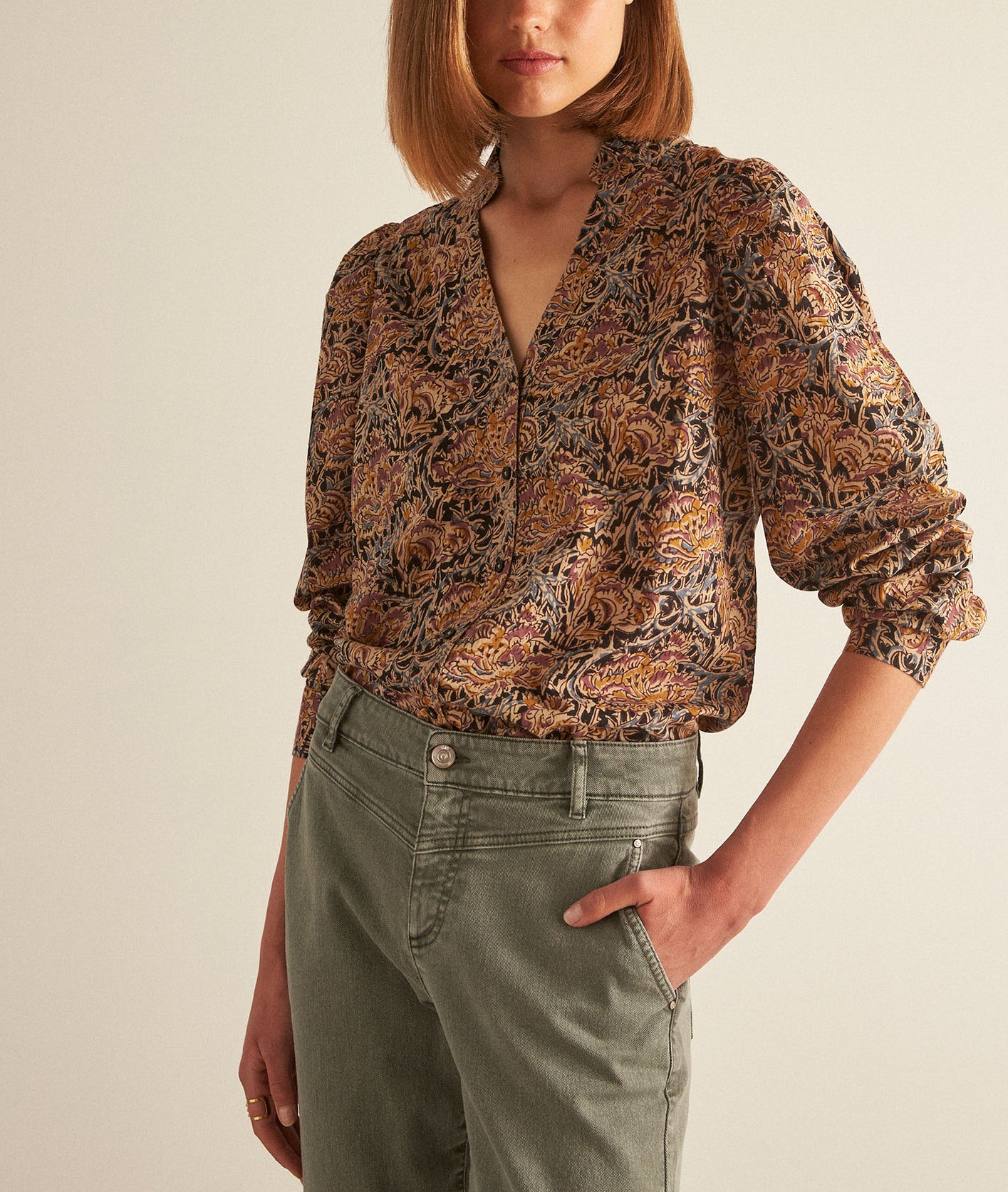 Chemisier fleuri en coton ocre CAROLINE Faume - seconde main