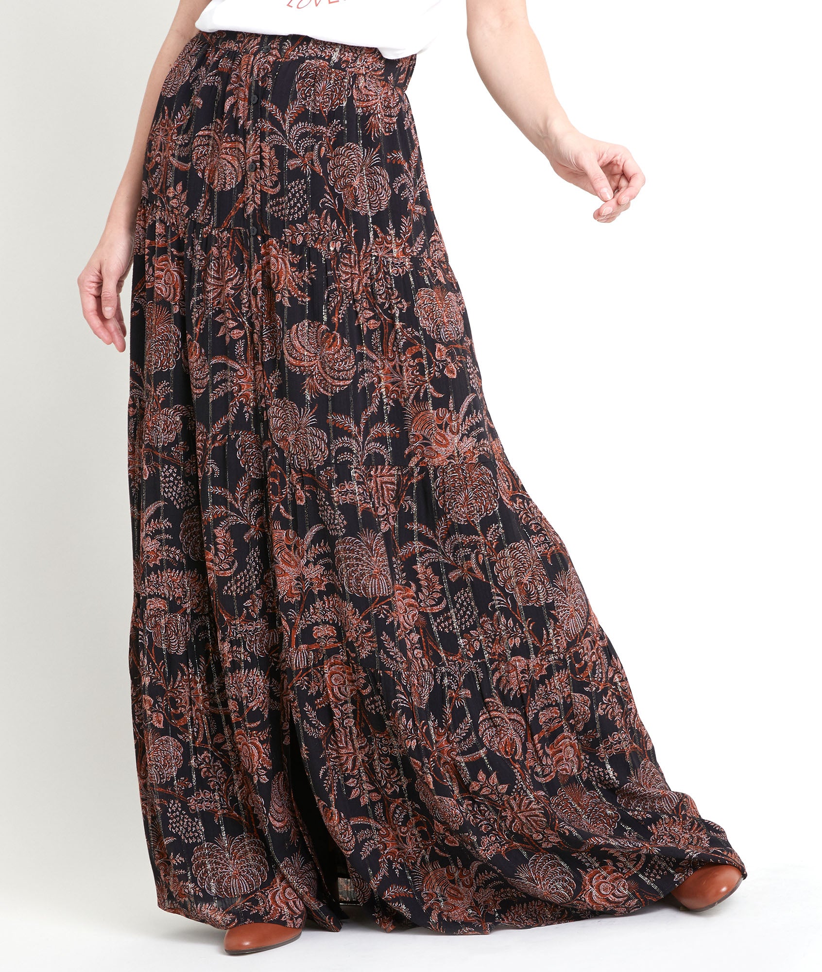 Jupe longue imprimée noire et orange Emira Faume - seconde main