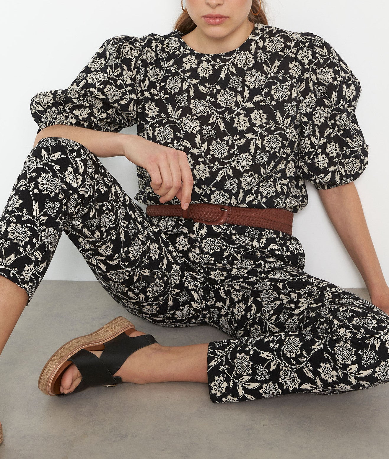 Blouse imprimé à manches ballons en coton noir Laelle Faume - seconde main