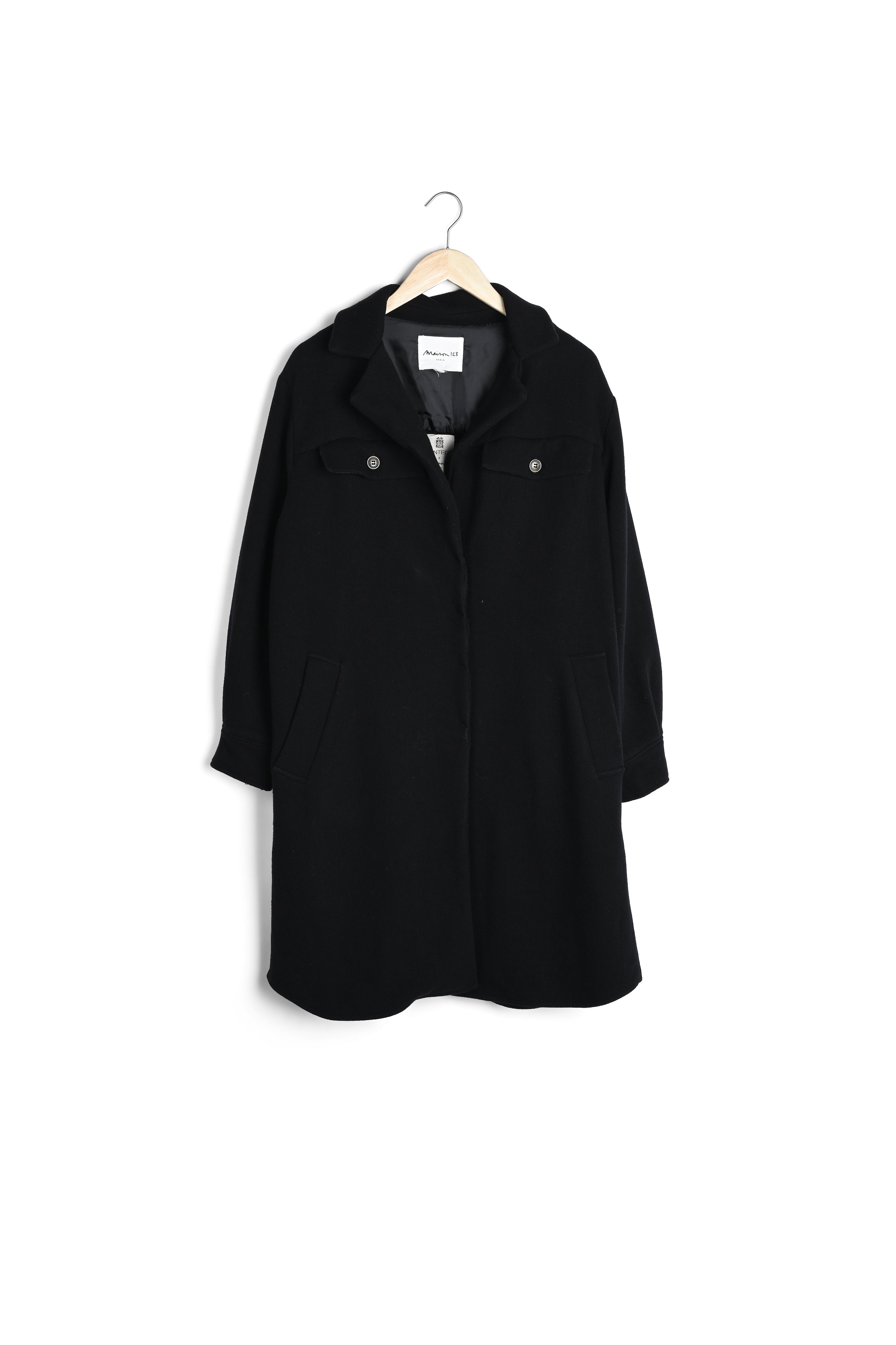 Manteau long noir en laine responsable Morgane Faume - seconde main