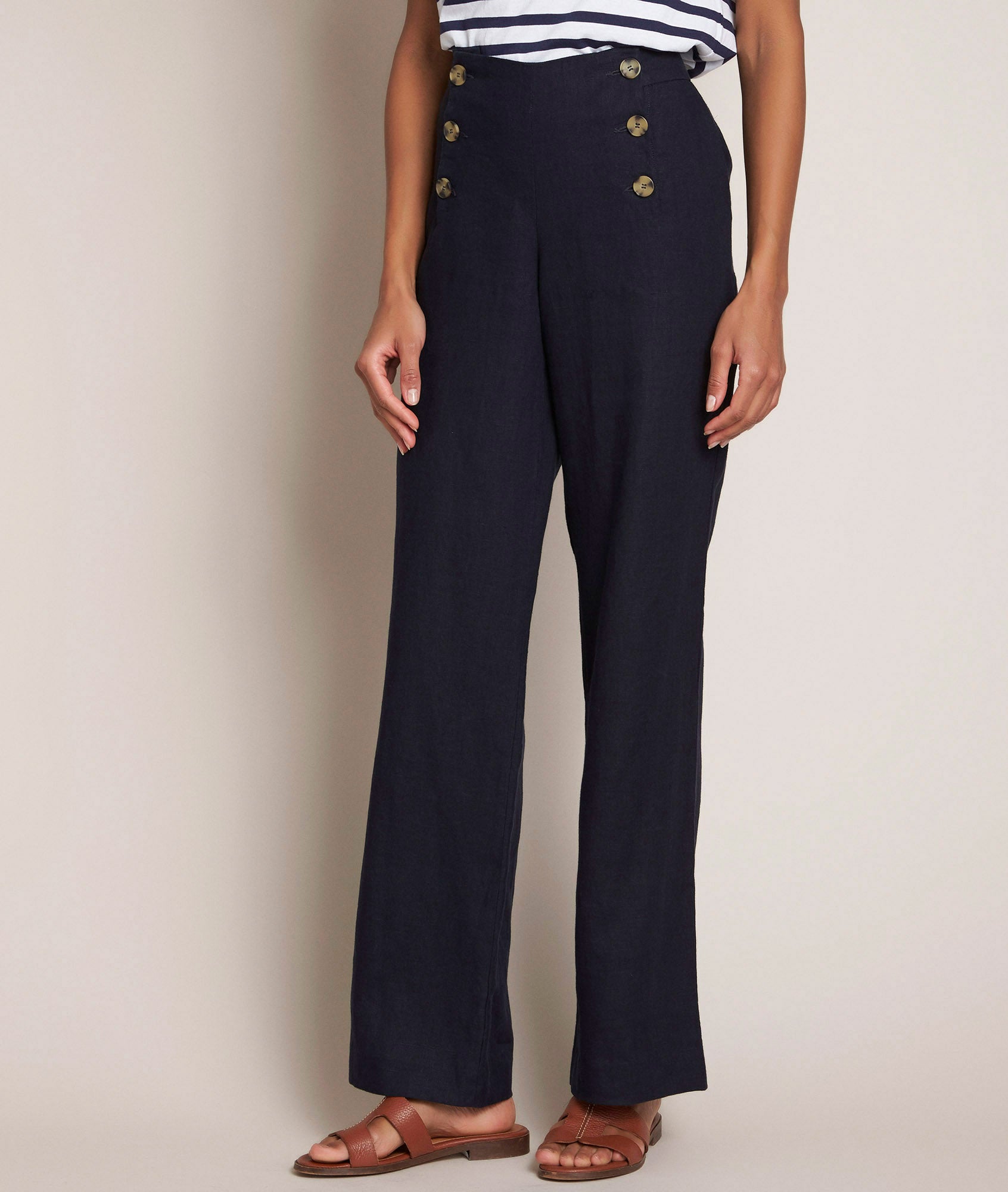 Pantalon à pont en lin marine Iber Faume - seconde main