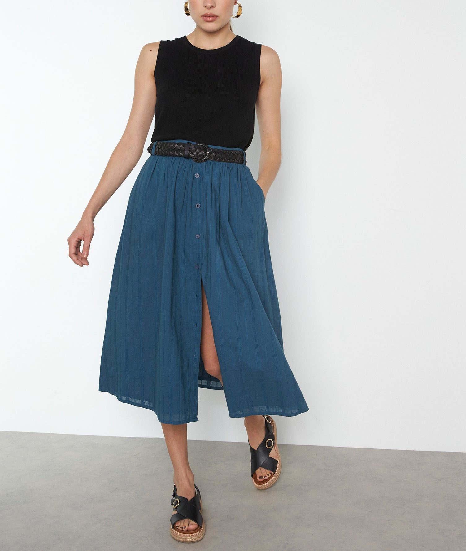 Jupe longue en coton petrole Dina Faume - seconde main