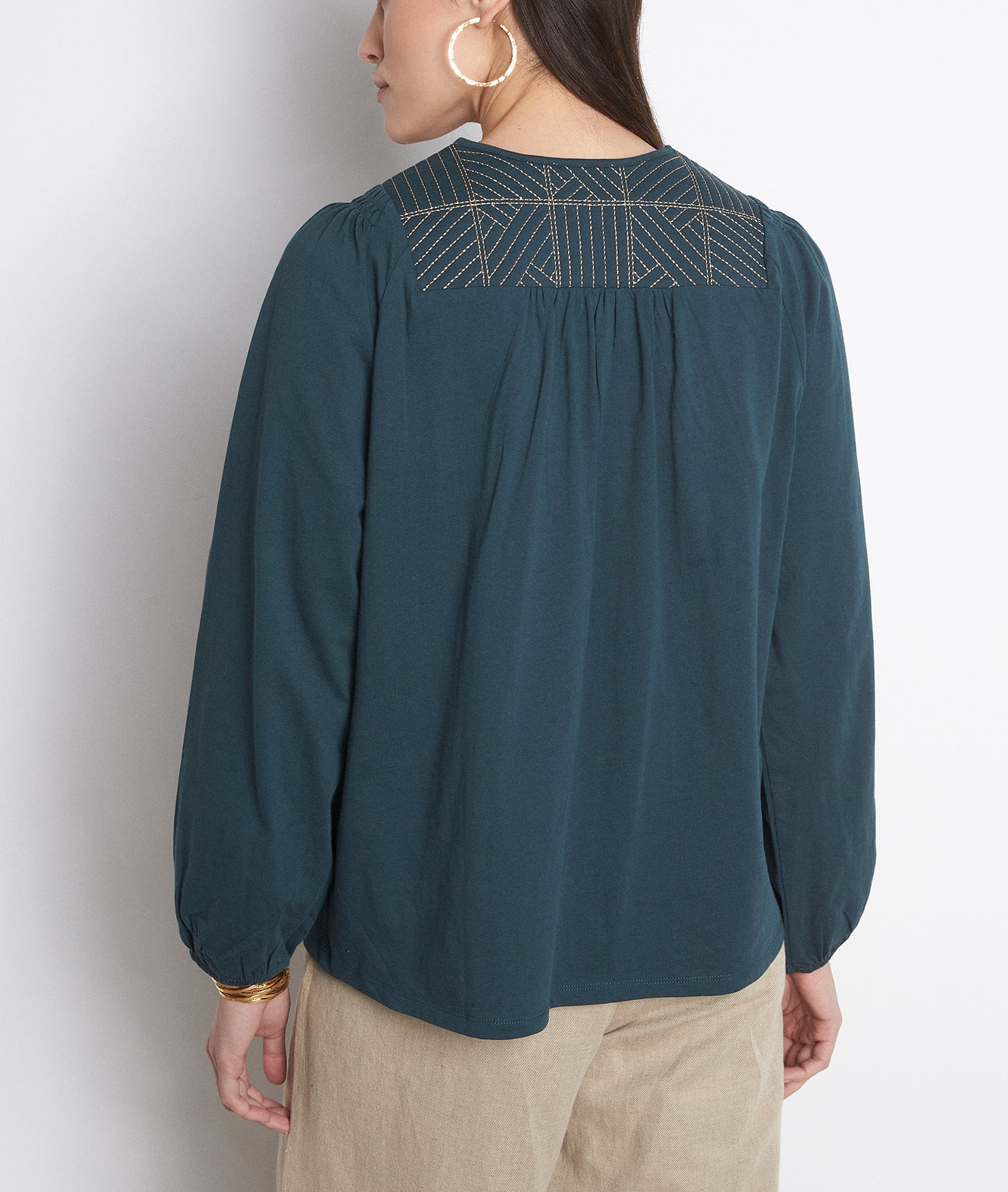Blouse au col V en jersey de coton vert sapin Malika Faume - seconde main