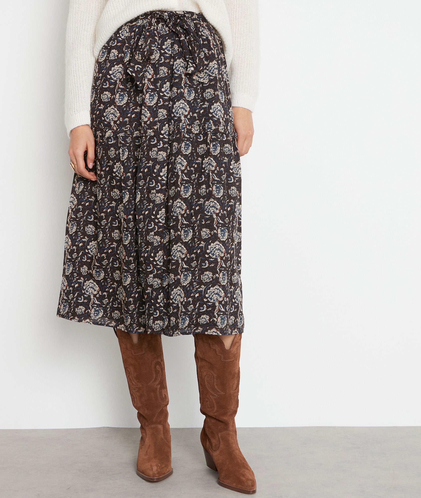 Jupe midi ceinturée imprimée noire Deborah Faume - seconde main