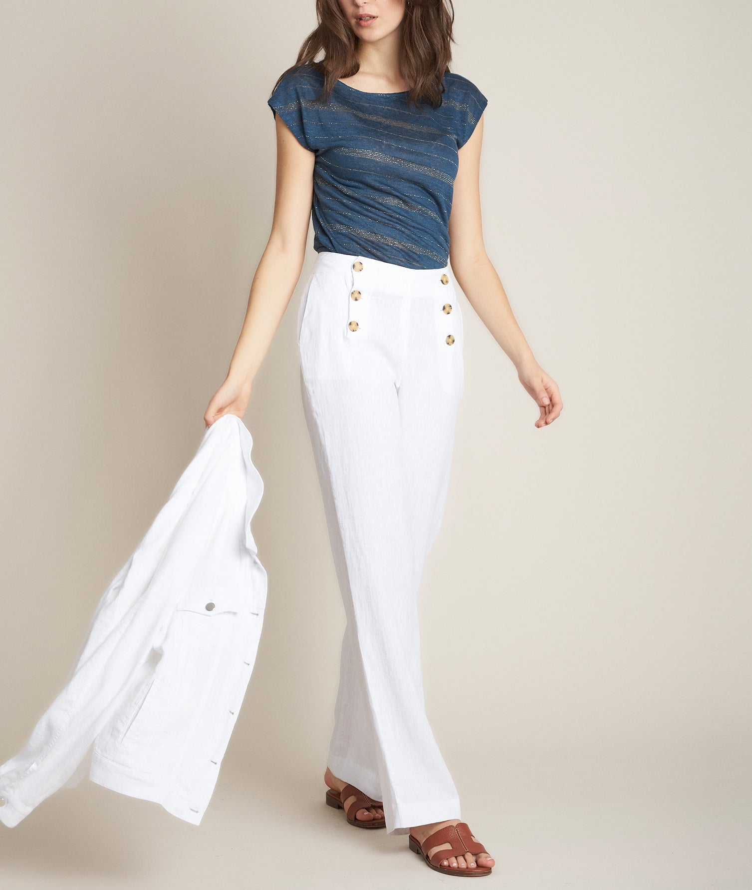 Pantalon à pont en lin blanc Iber Faume - seconde main