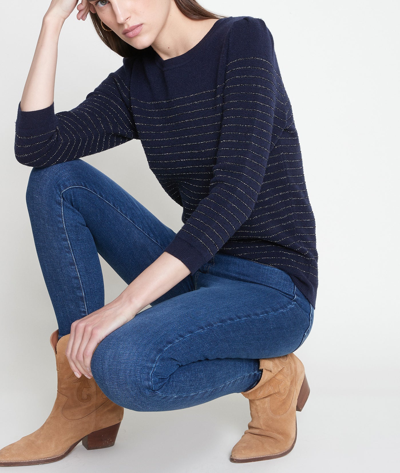 Pull marin bleu marine à rayures métallisées Thea Bis Faume - seconde main