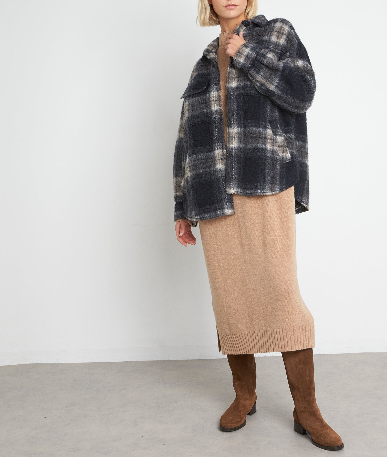 Surchemise à carreaux en laine bleu marine Rita Faume - seconde main