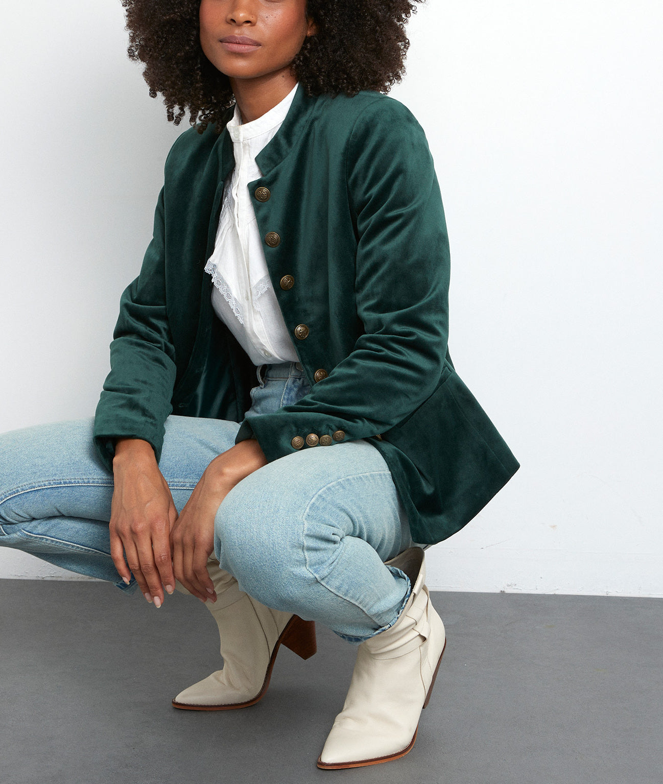 Veste courte en velours lisse vert sapin Tang Faume - seconde main