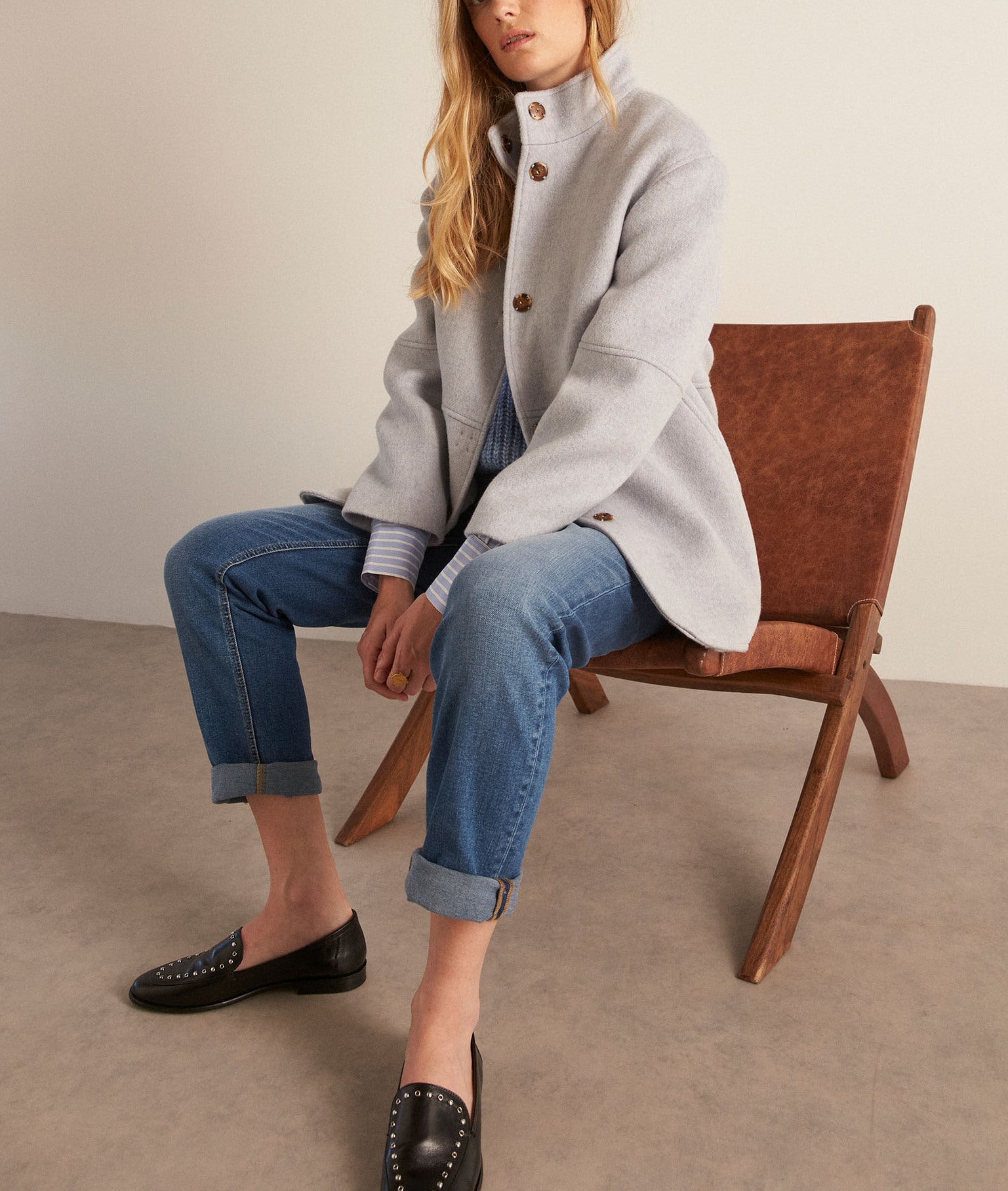 Manteau court en laine bleu ciel Lamia Faume - seconde main