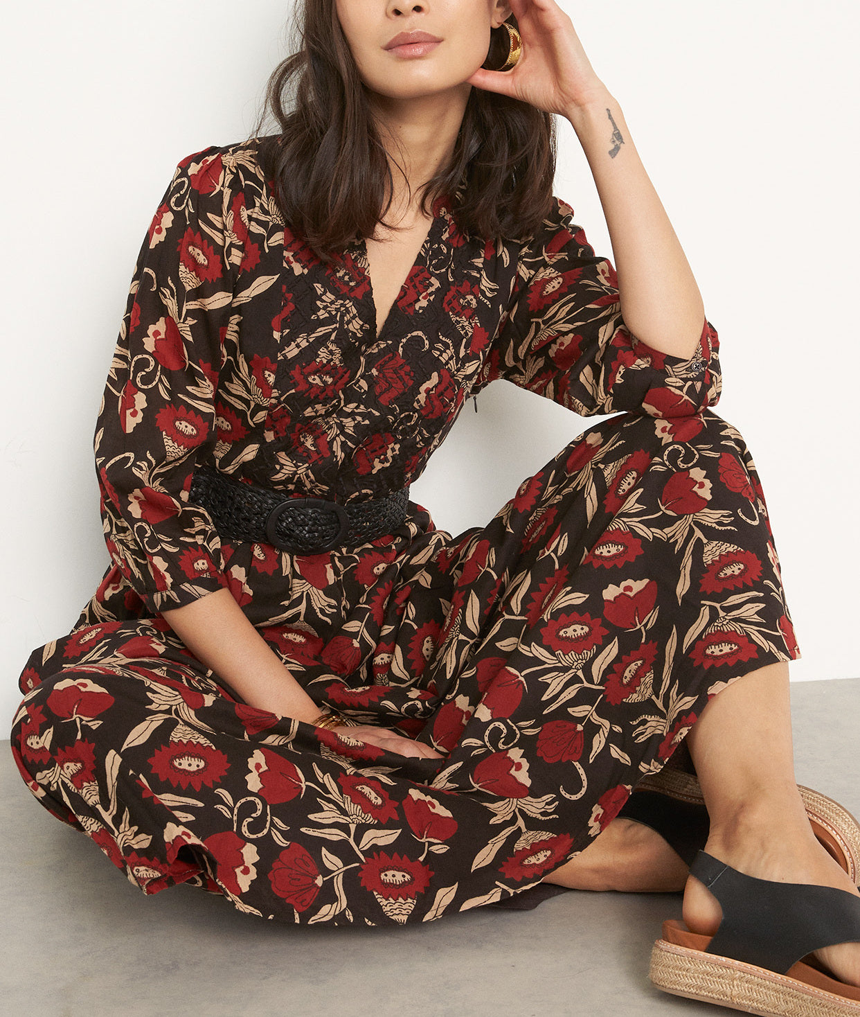 Robe longue en coton imprimé noir Nabila Faume - seconde main