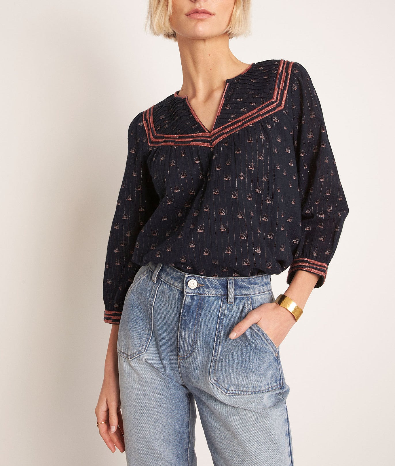 Blouse brodée imprimée en coton noir Leonne Faume - seconde main