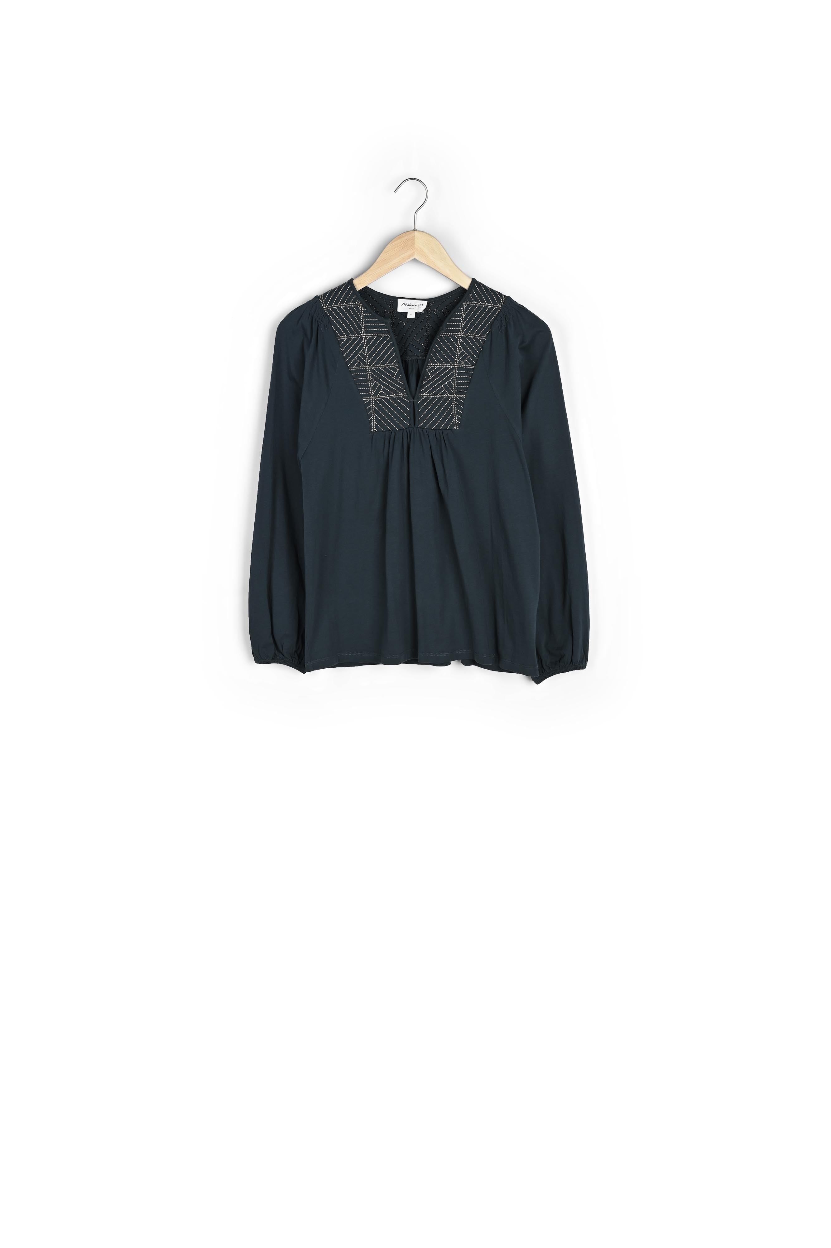 Blouse au col V en jersey de coton vert sapin Malika Faume - seconde main