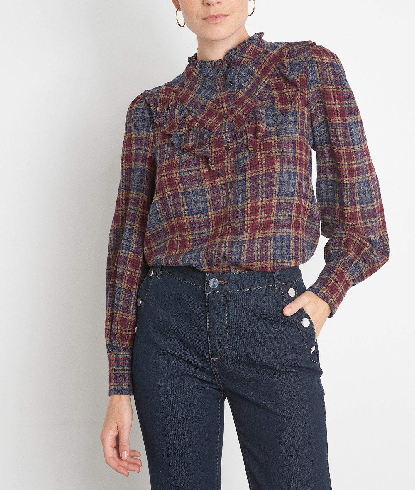 Chemise à carreaux bleu et bordeaux volantée Abelia Faume - seconde main