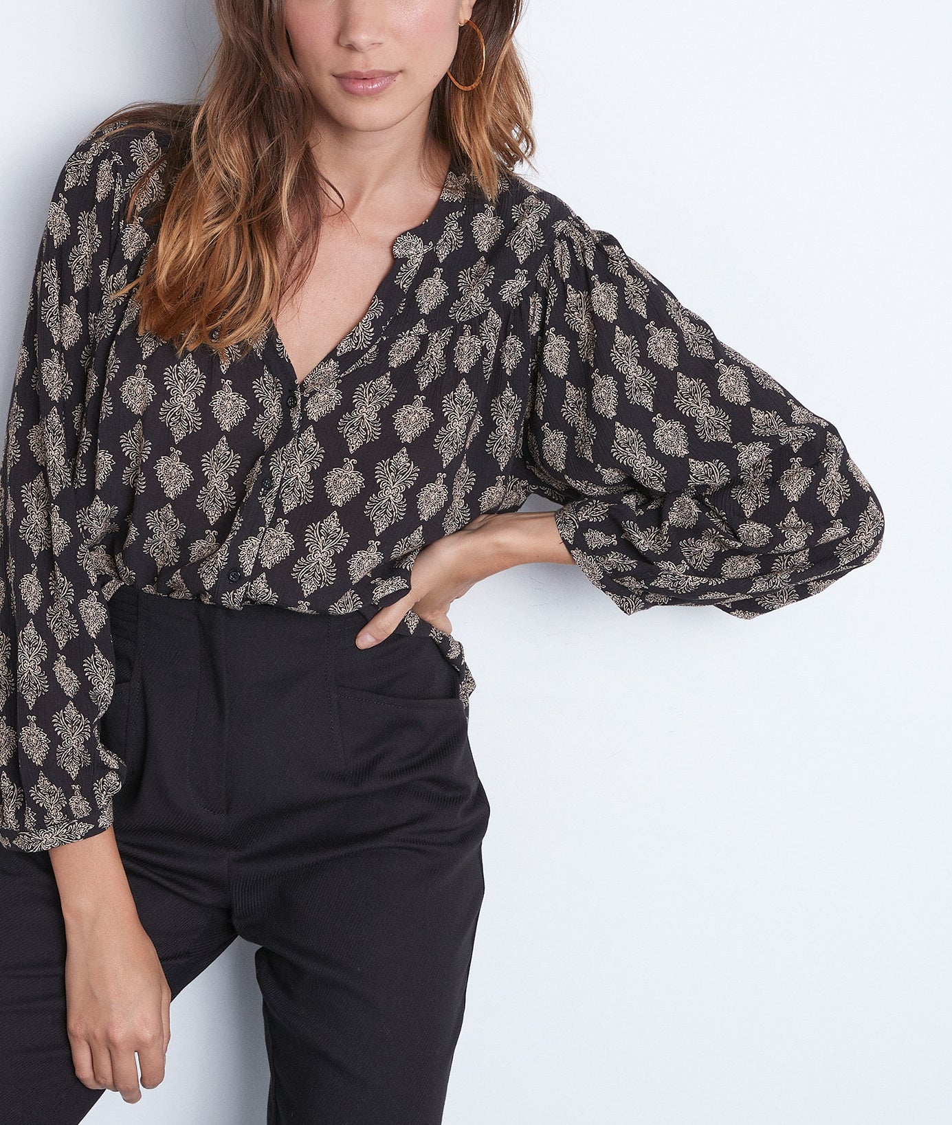 Blouse ample imprimée noire Timeo Faume - seconde main