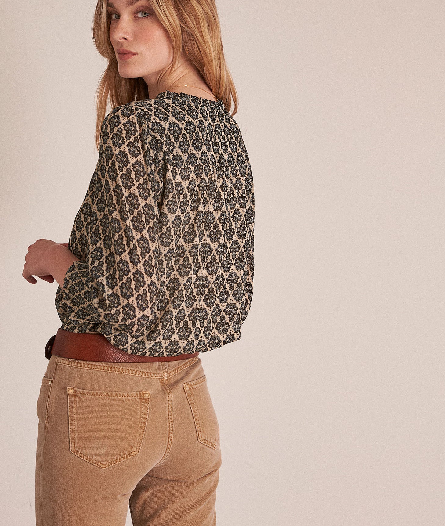 Blouse fluide imprimée beige et noire Cendra Faume - seconde main