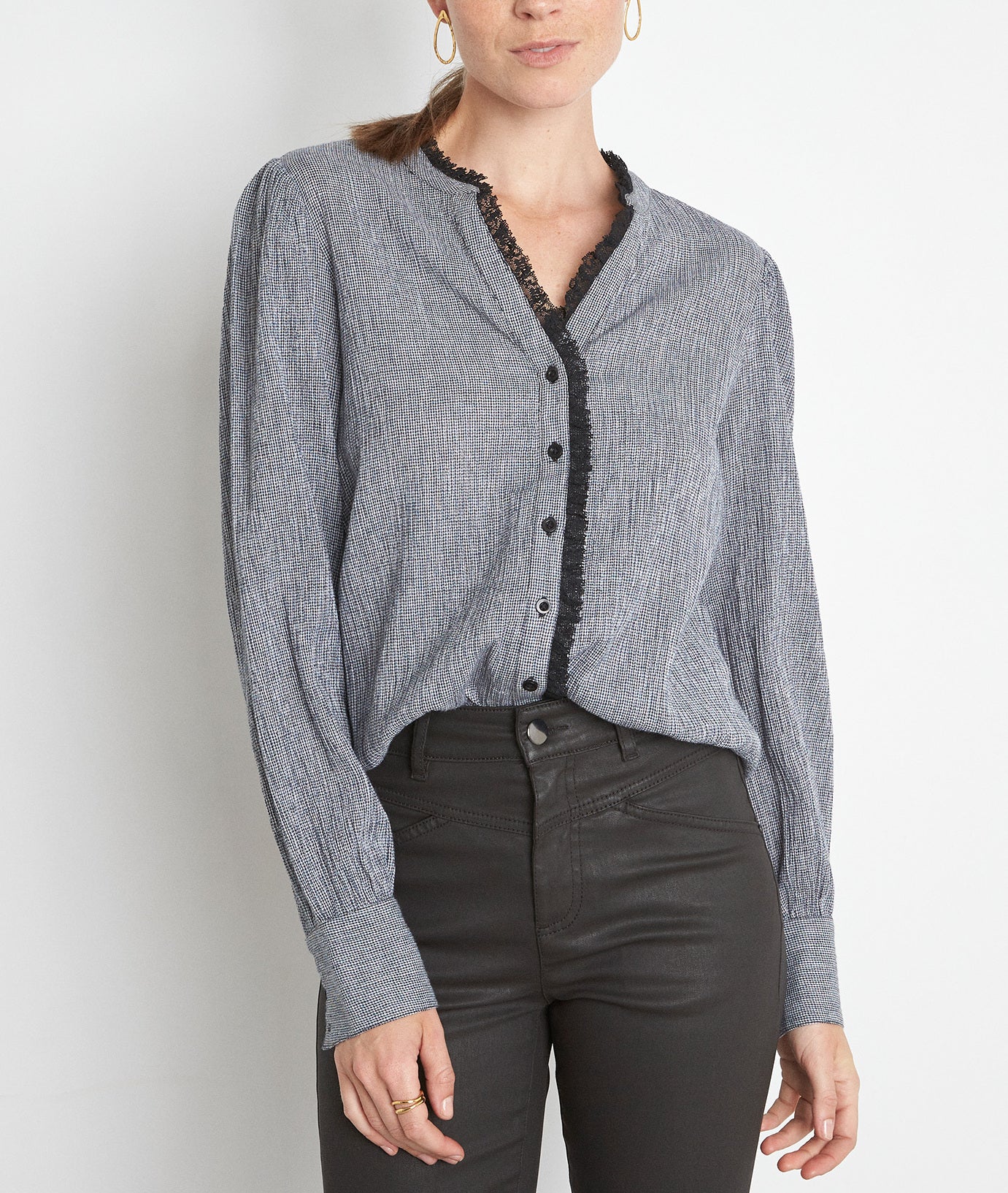 Blouse en coton et détails dentelle noire et grise Alex Faume - seconde main