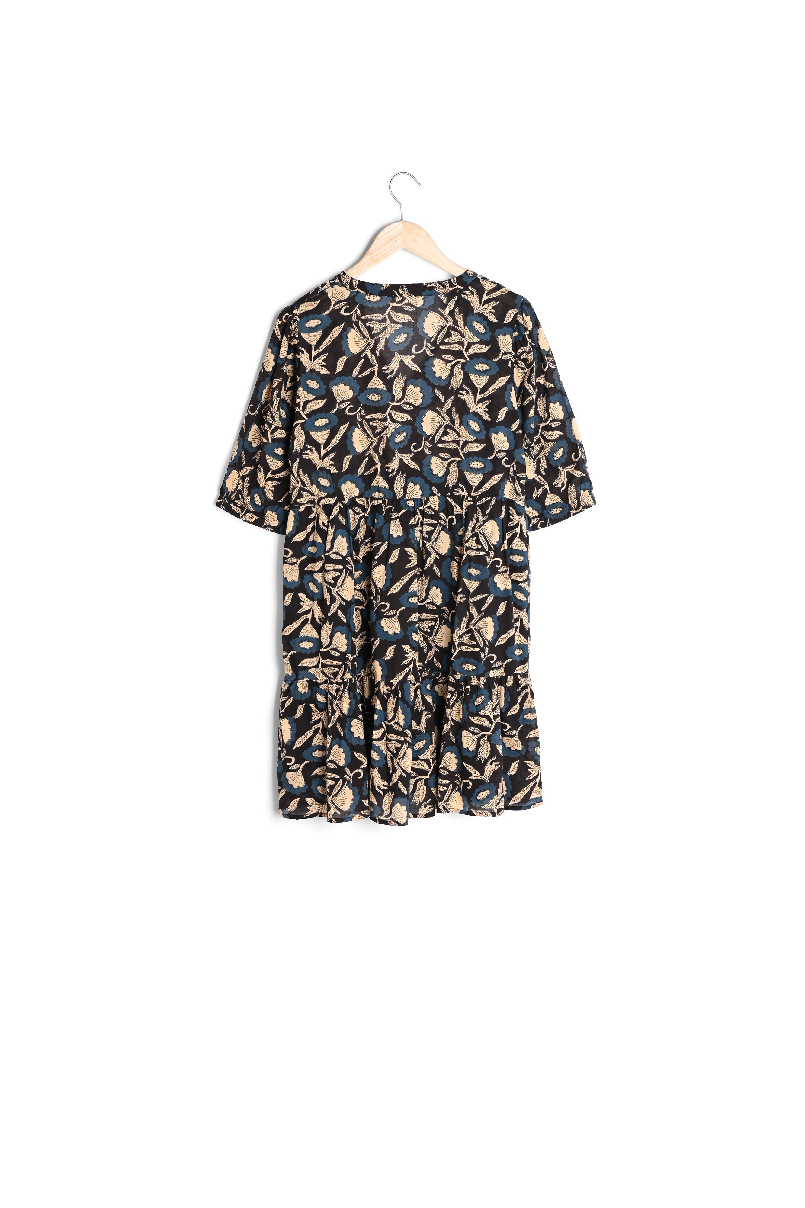 Robe courte en coton imprimé beige, bleu et noir Madeleine Faume - seconde main