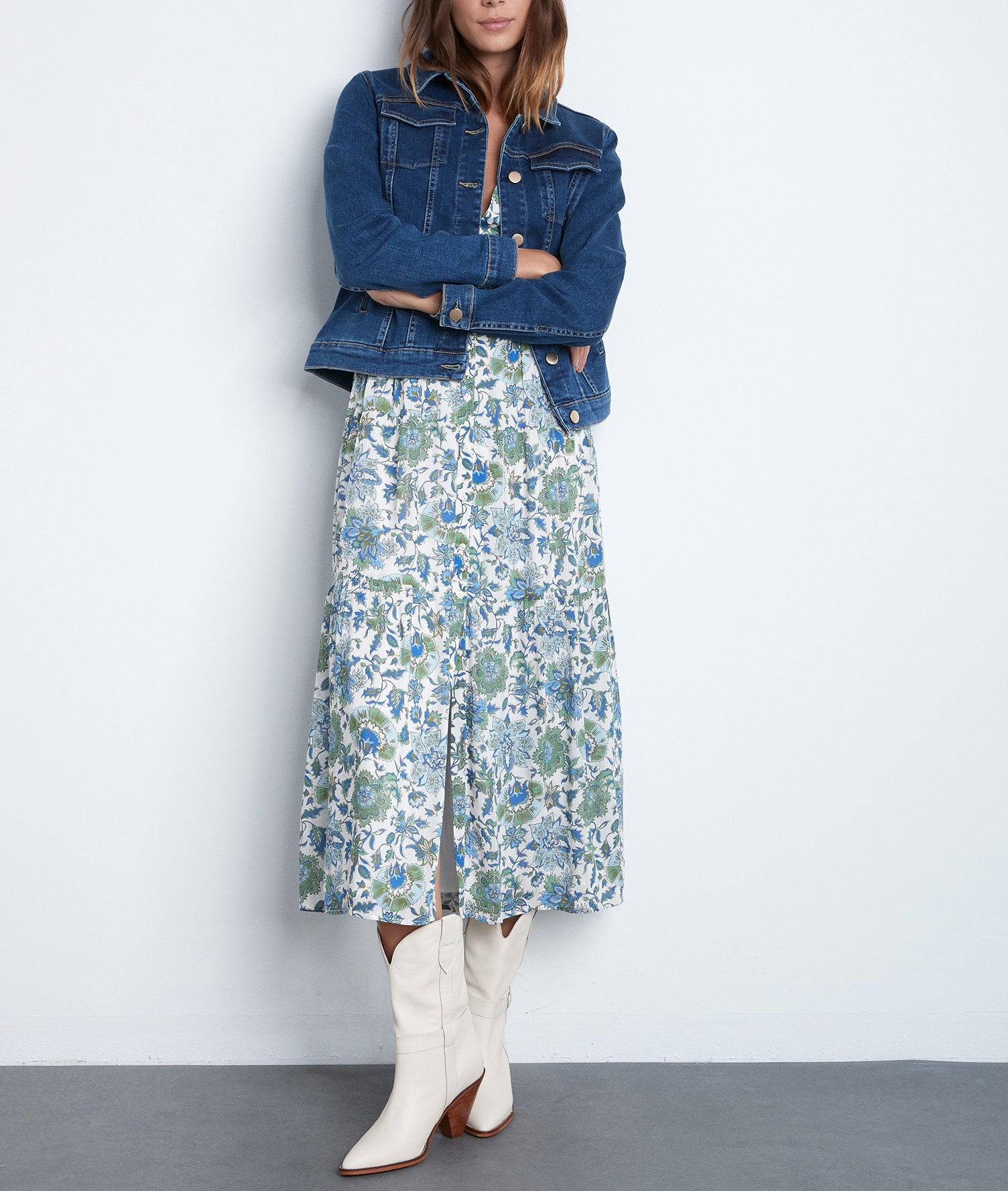 Robe longue bohème à l'imprimé floral bleu et vert Carola Faume - seconde main