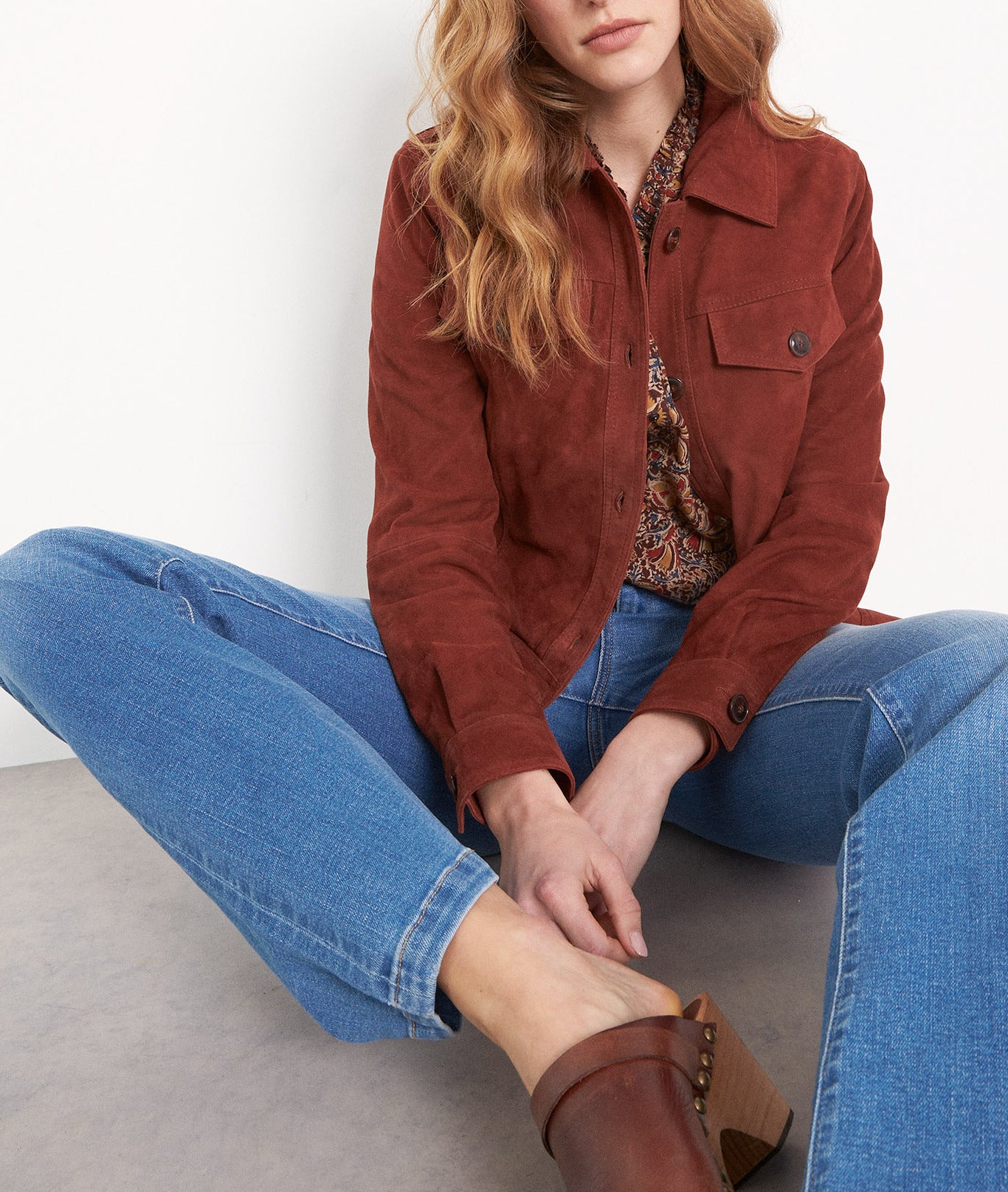 Blouson en cuir velours rouge brique Amelia Faume - seconde main