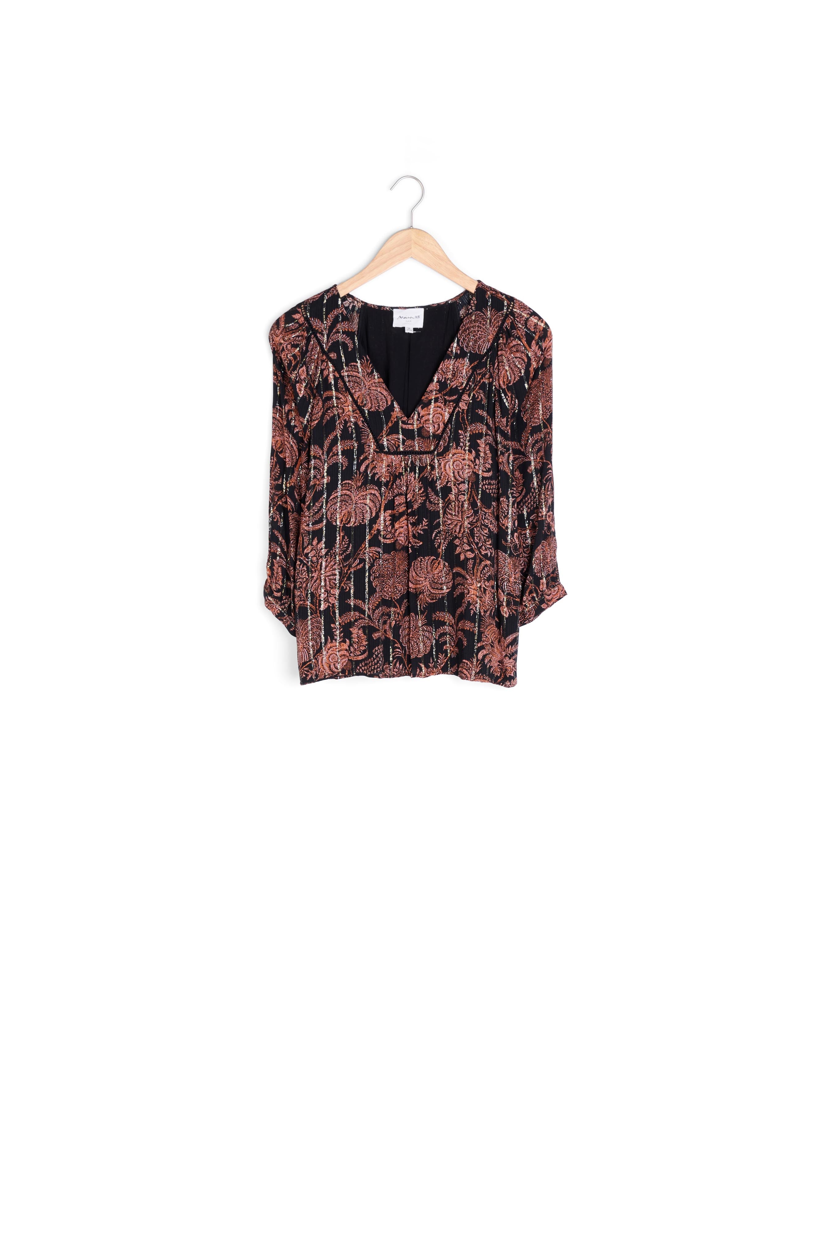 Blouse fluide imprimée noire et orangée Tolly Faume - seconde main