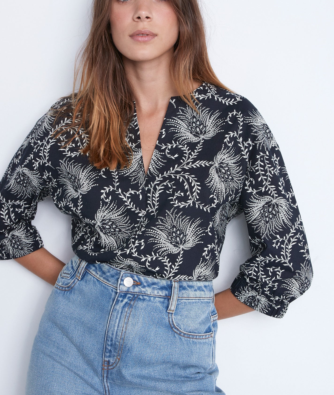 Blouse en coton imprimé noir et blanc Amel Faume - seconde main