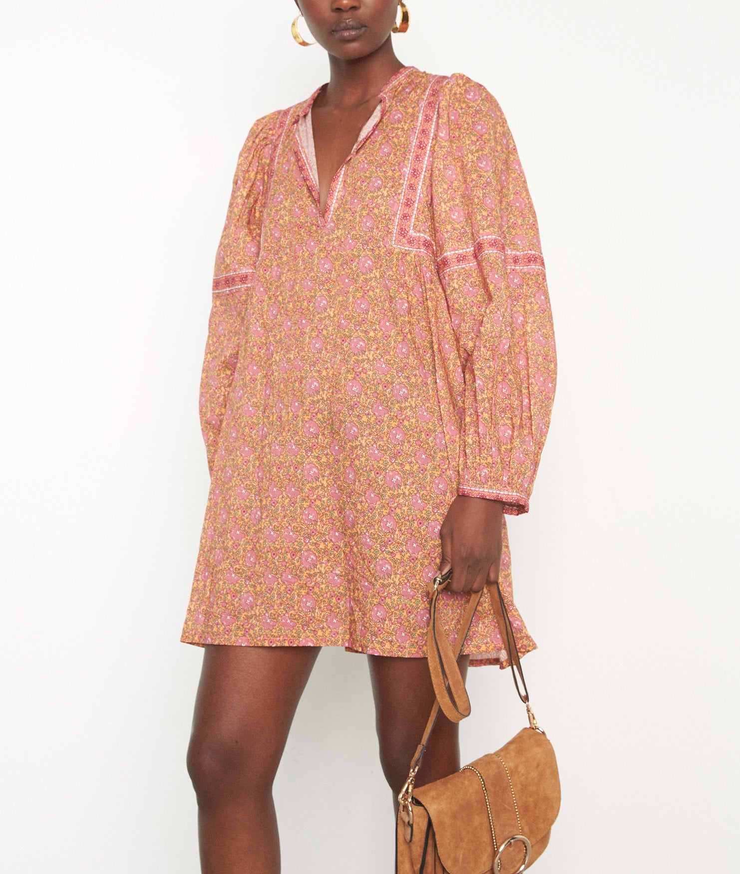 Robe courte imprimée en coton caramel Nawal Faume - seconde main