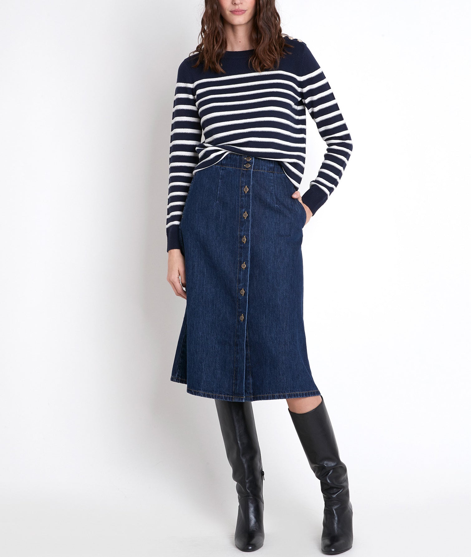 Jupe mi-longue en denim brut Ely Faume - seconde main