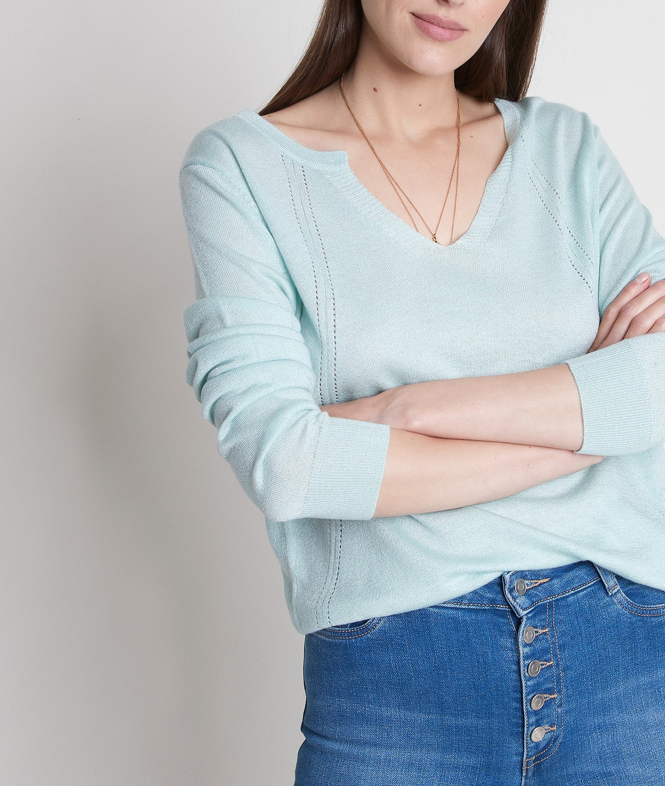 Pull en maille fine à col tunisien jade Travys Faume - seconde main