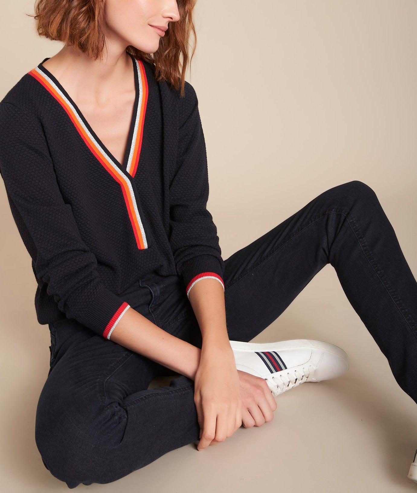 Pull marine col V fantaisie Fly Faume - seconde main