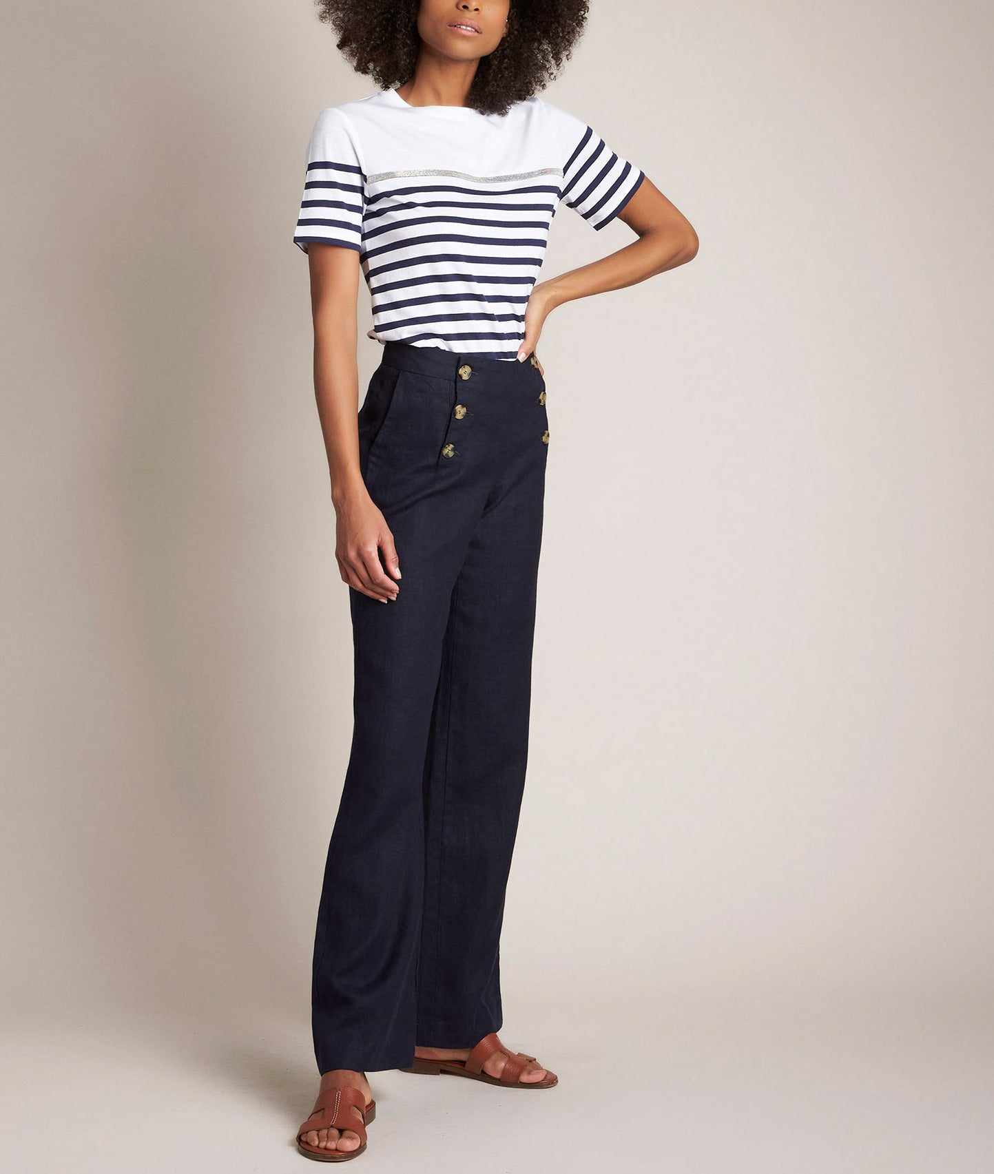 Pantalon à pont en lin marine Iber Faume - seconde main