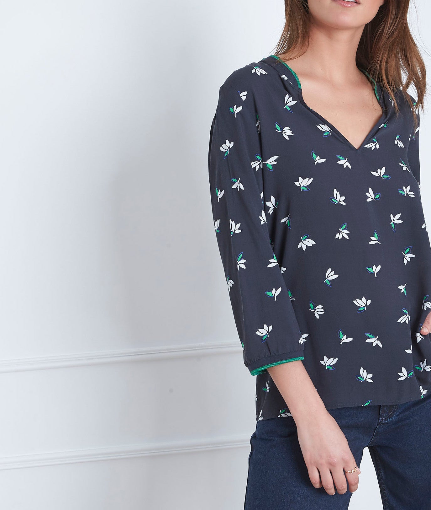 Blouse marine imprimé fleuri Varna Faume - seconde main