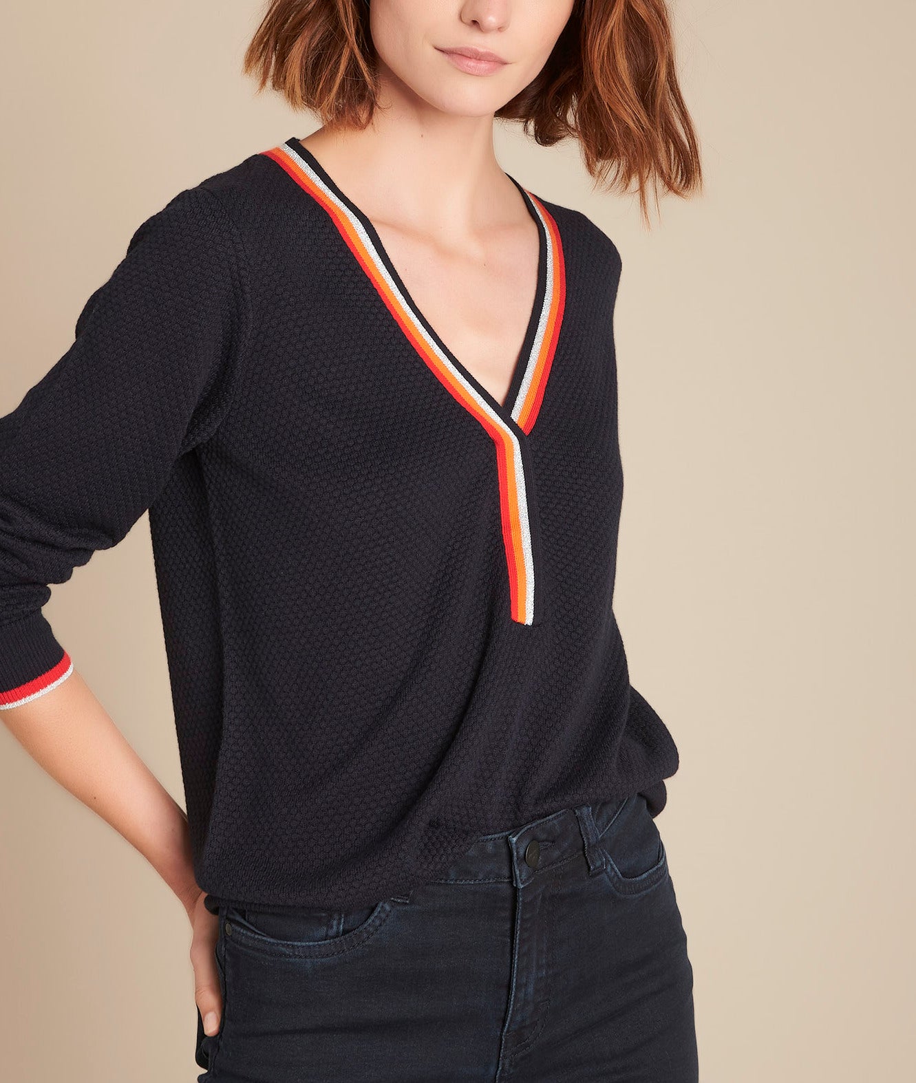 Pull marine col V fantaisie Fly Faume - seconde main