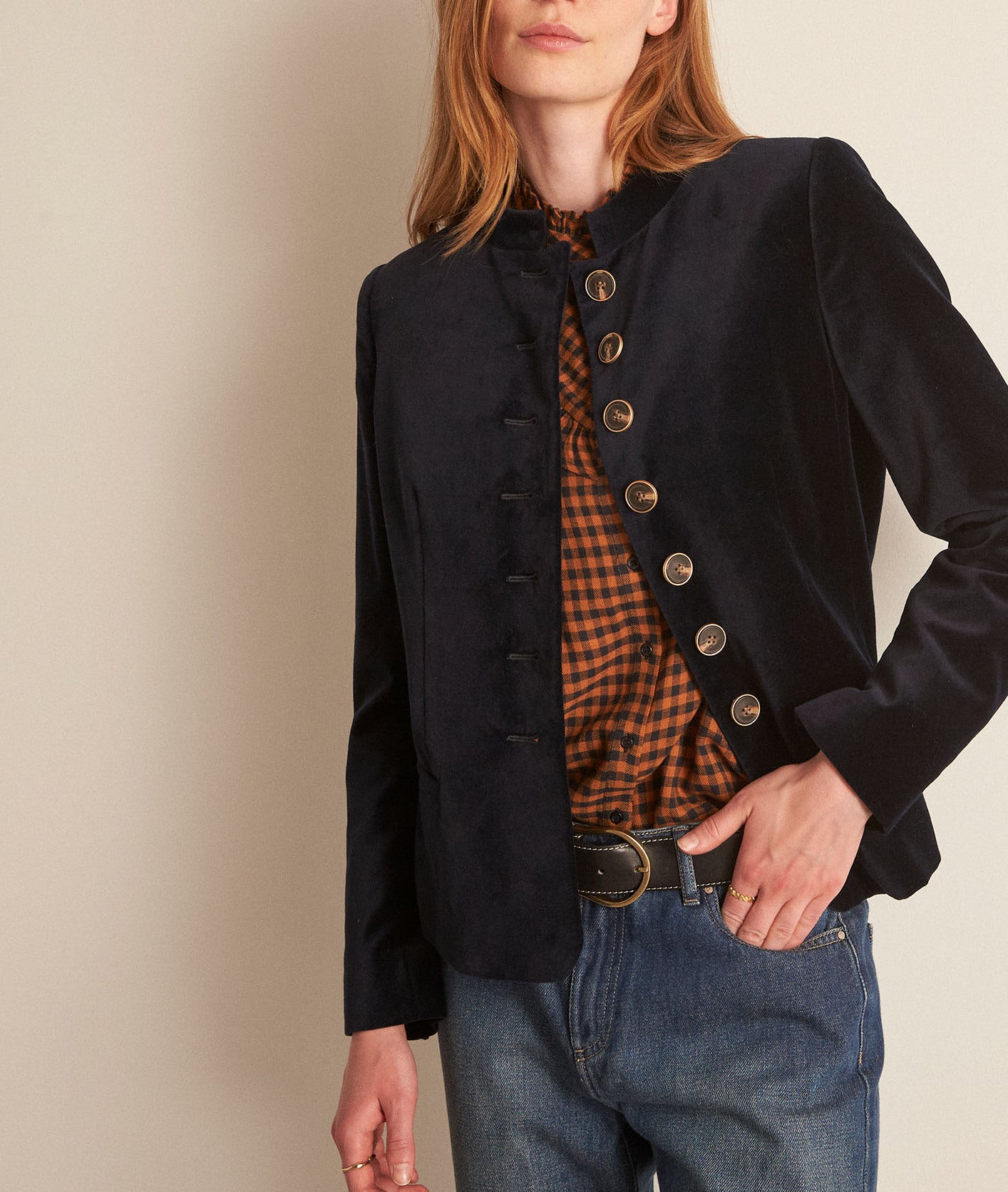 Veste courte en velours bleu marine Tang Faume - seconde main