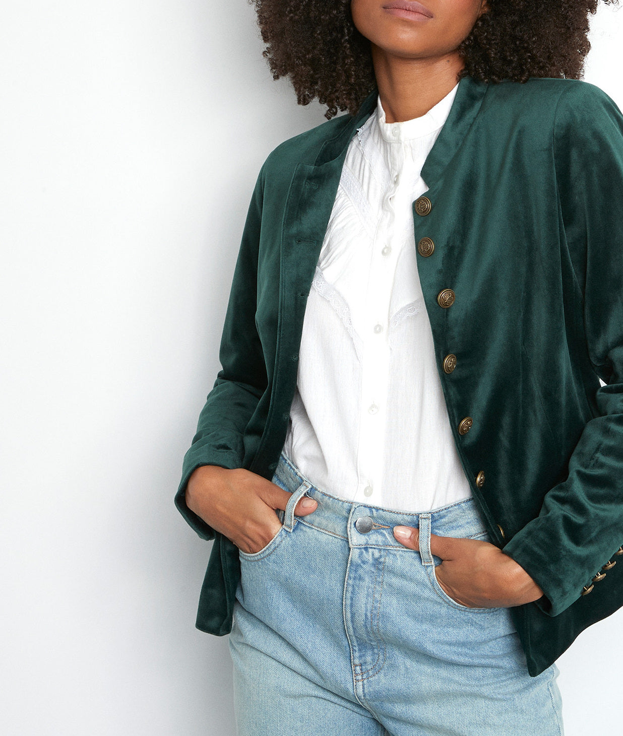 Veste courte en velours lisse vert sapin Tang Faume - seconde main