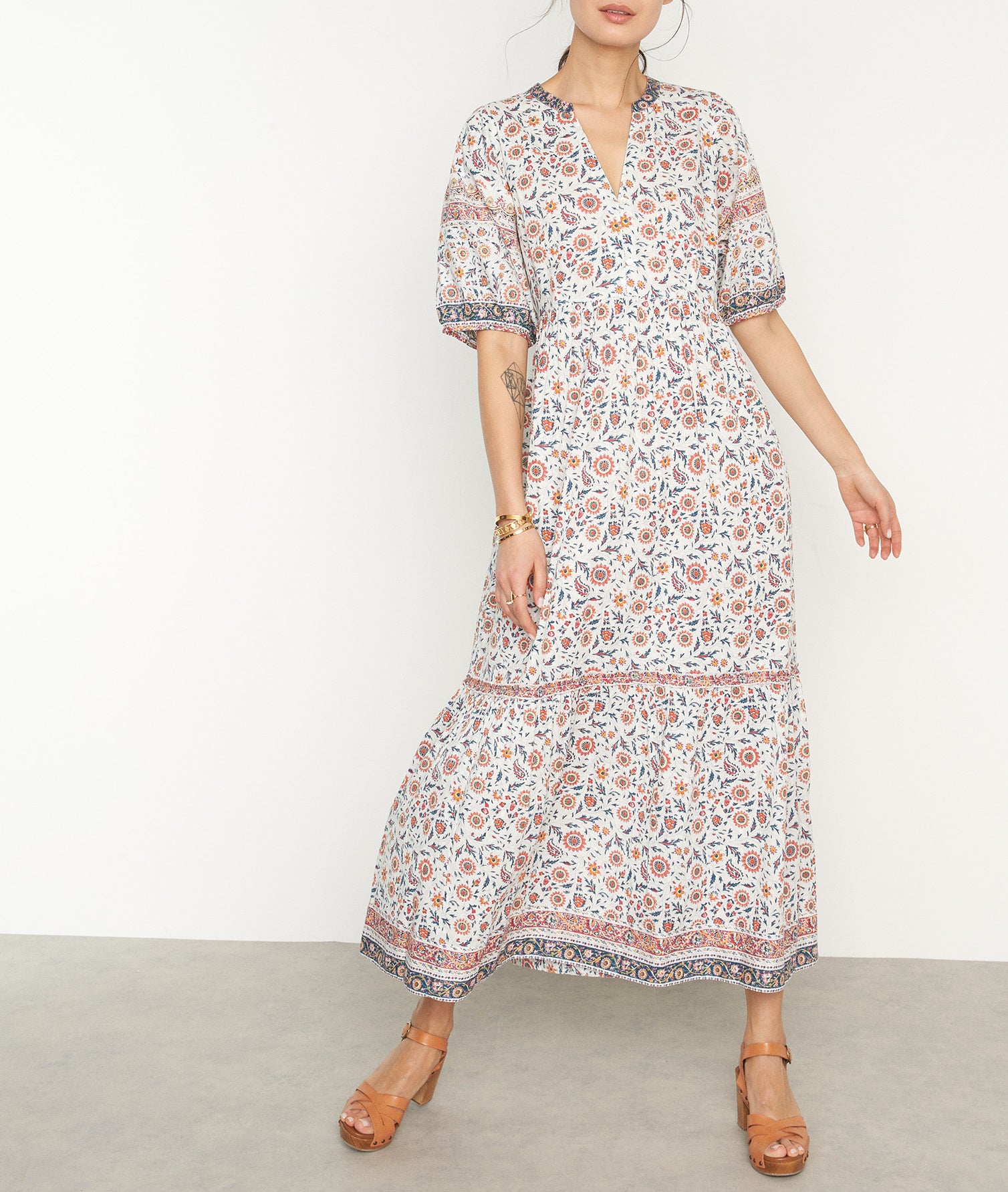 Robe longue en coton imprimé blanc Helene Faume - seconde main