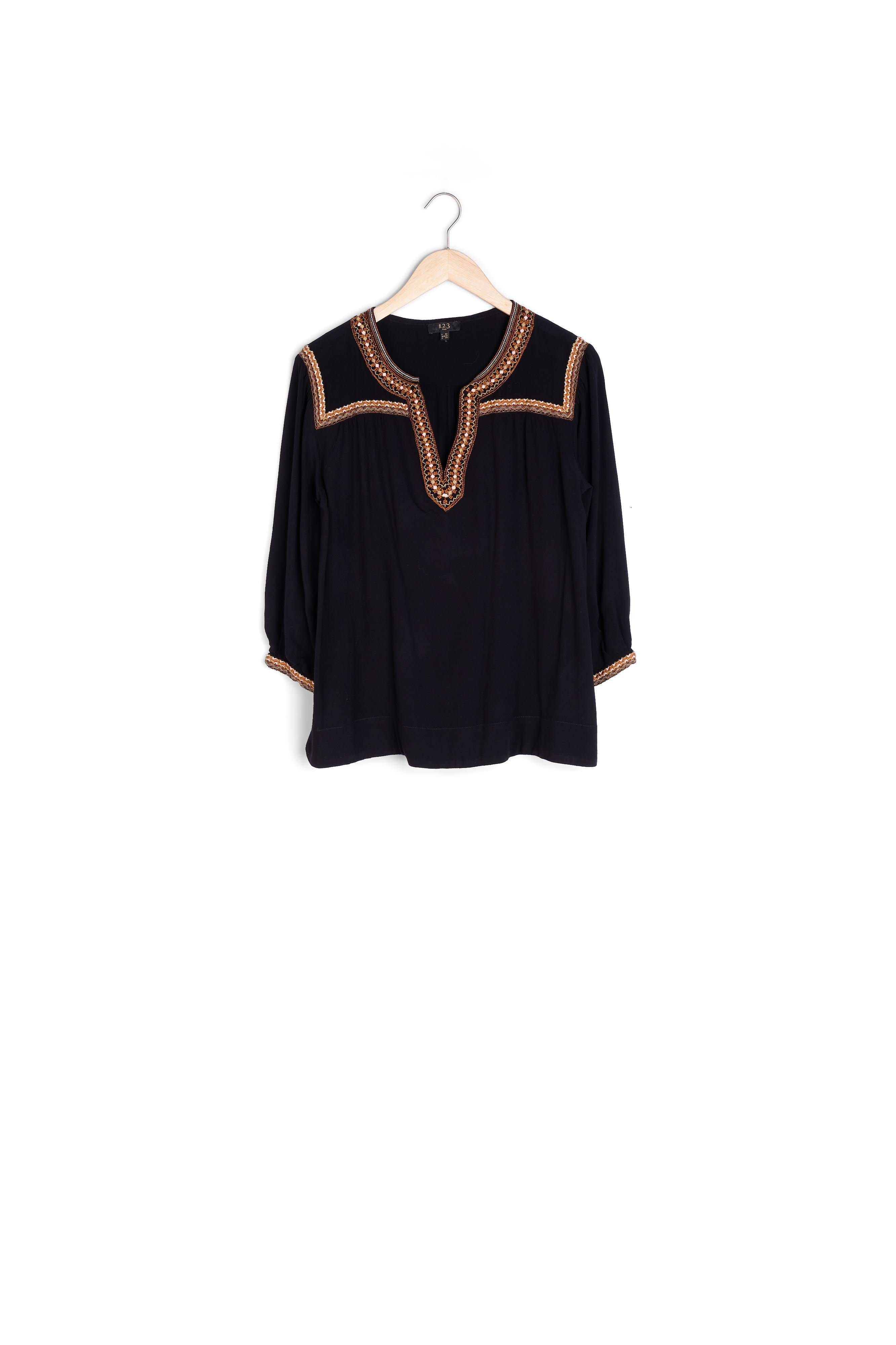 Blouse noire broderie ethnique Vita Faume - seconde main