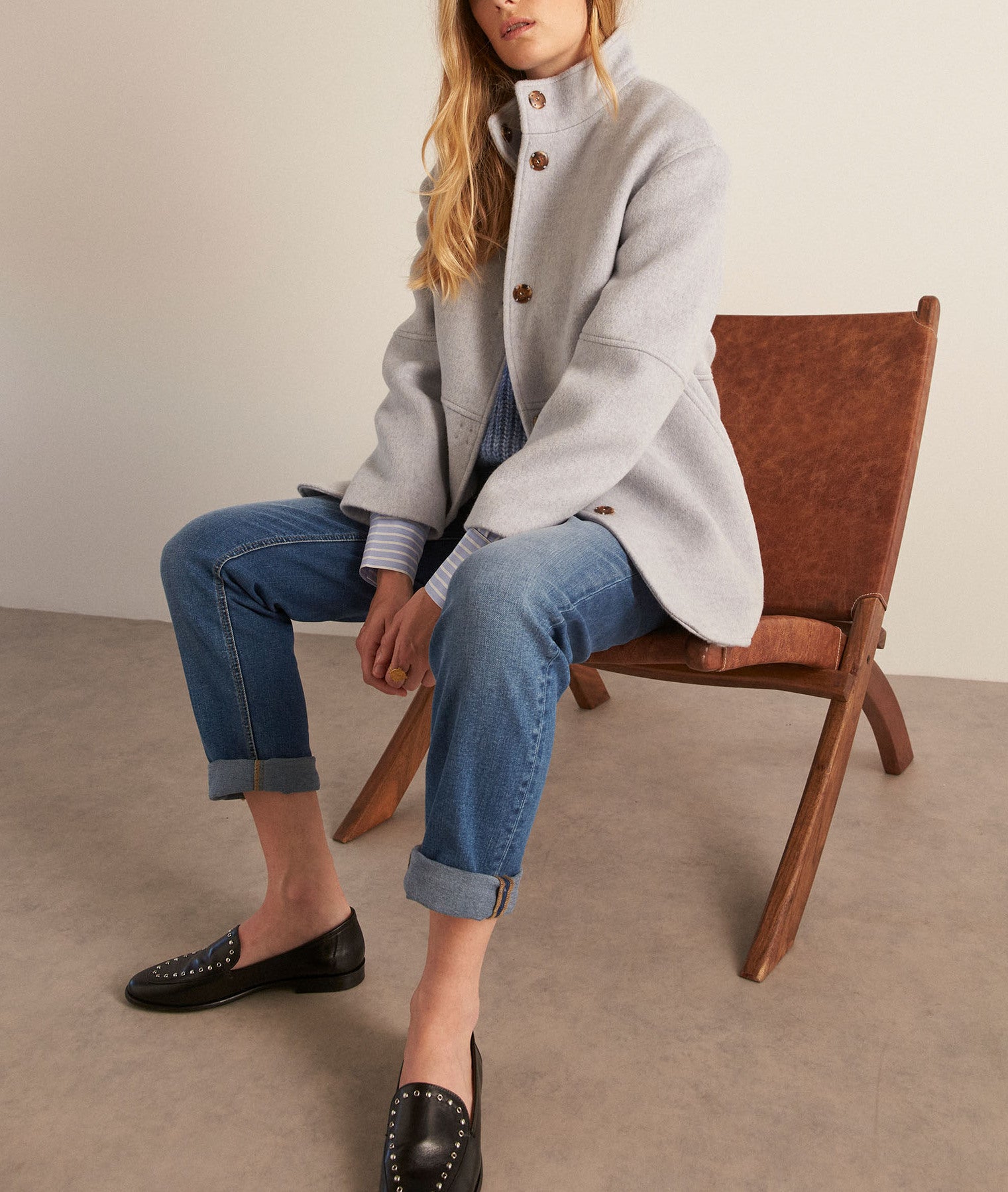 Manteau court en laine bleu ciel Lamia Faume - seconde main