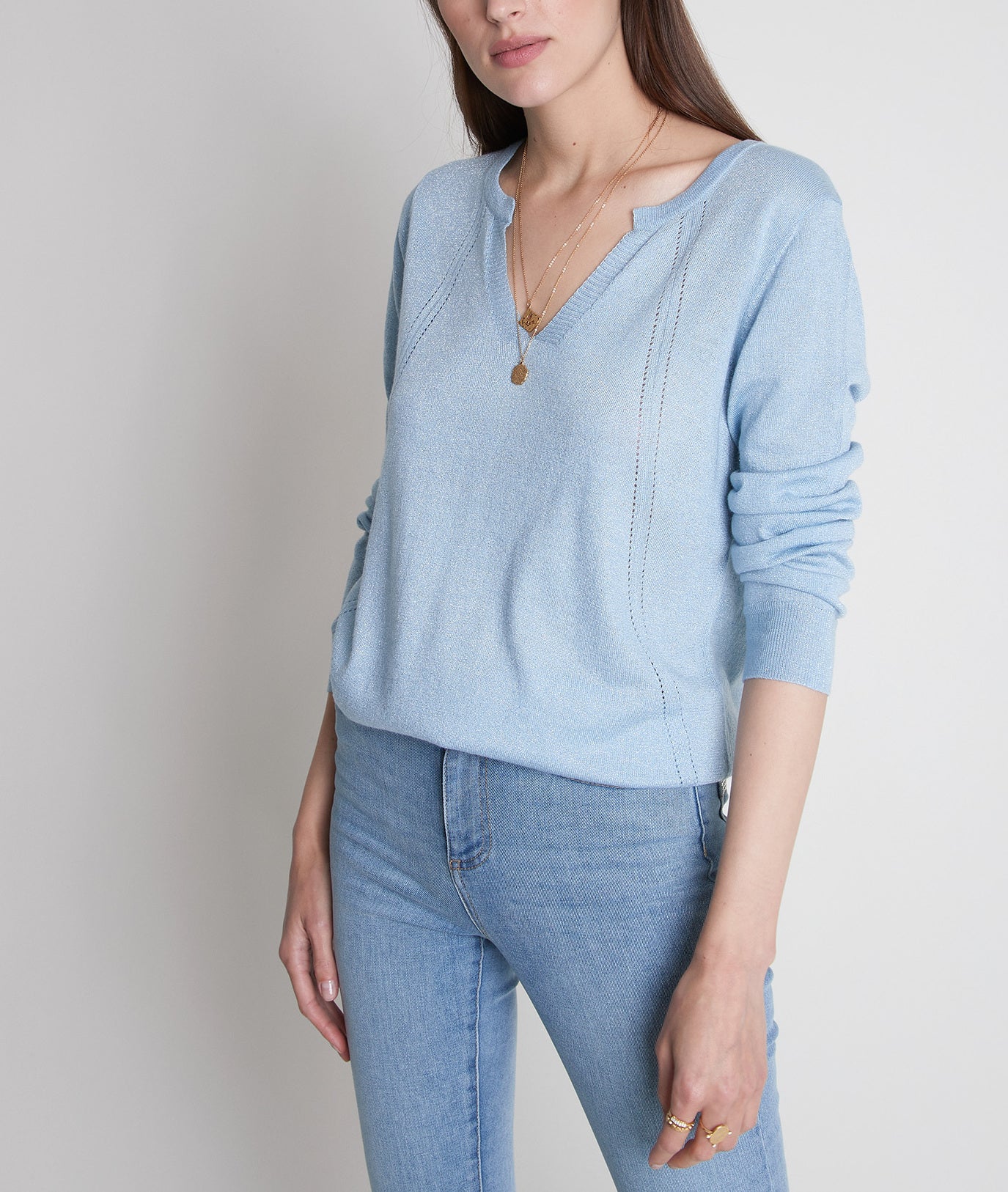 Pull en maille fine à col tunisien bleu Travys Faume - seconde main